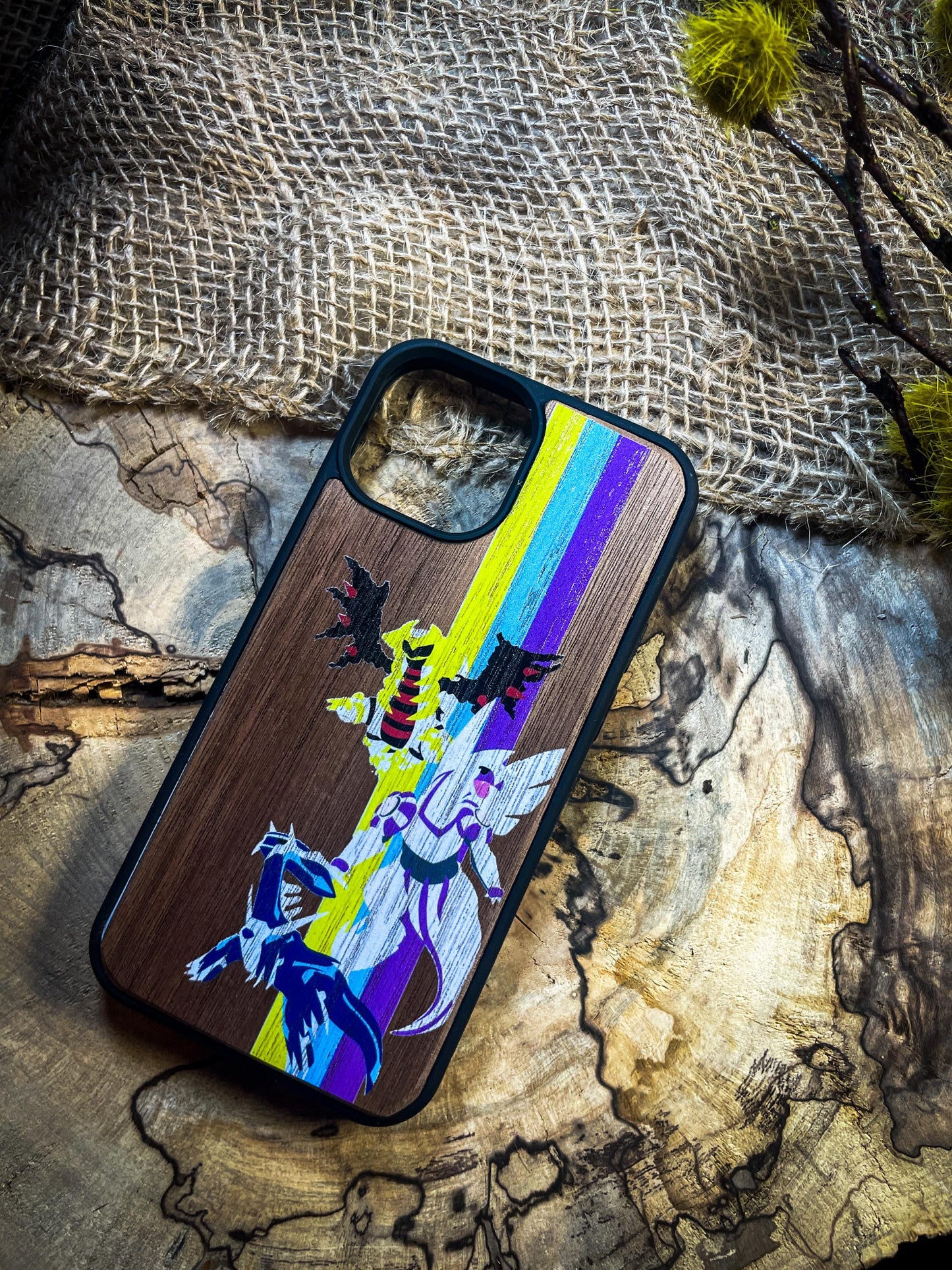 Time and Space: Wooden Phone Case Featuring Dialga, Palkia, and Giratina-Inspired Design for iphone, samsung and google pixel