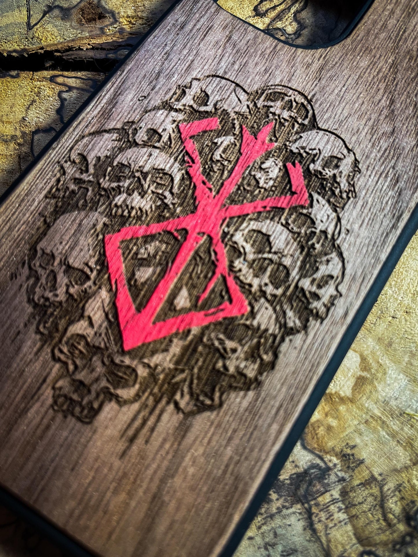 Dark Gothic Red Japanese Anime Demon Logo Wood Phone Case - Skull & Anime Inspired Design