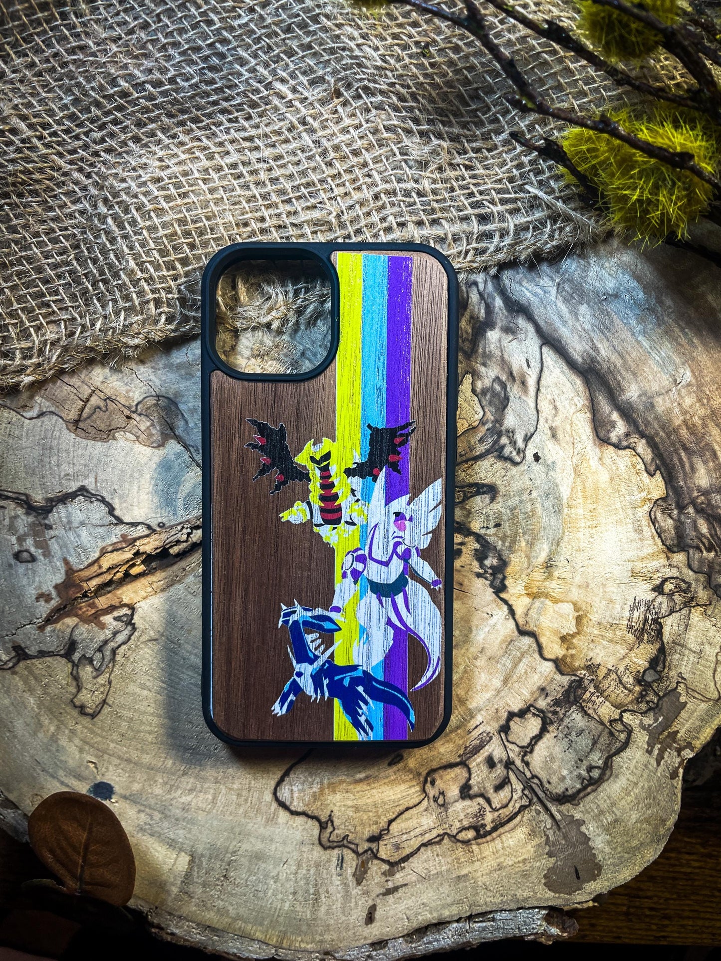 Time and Space: Wooden Phone Case Featuring Dialga, Palkia, and Giratina-Inspired Design for iphone, samsung and google pixel