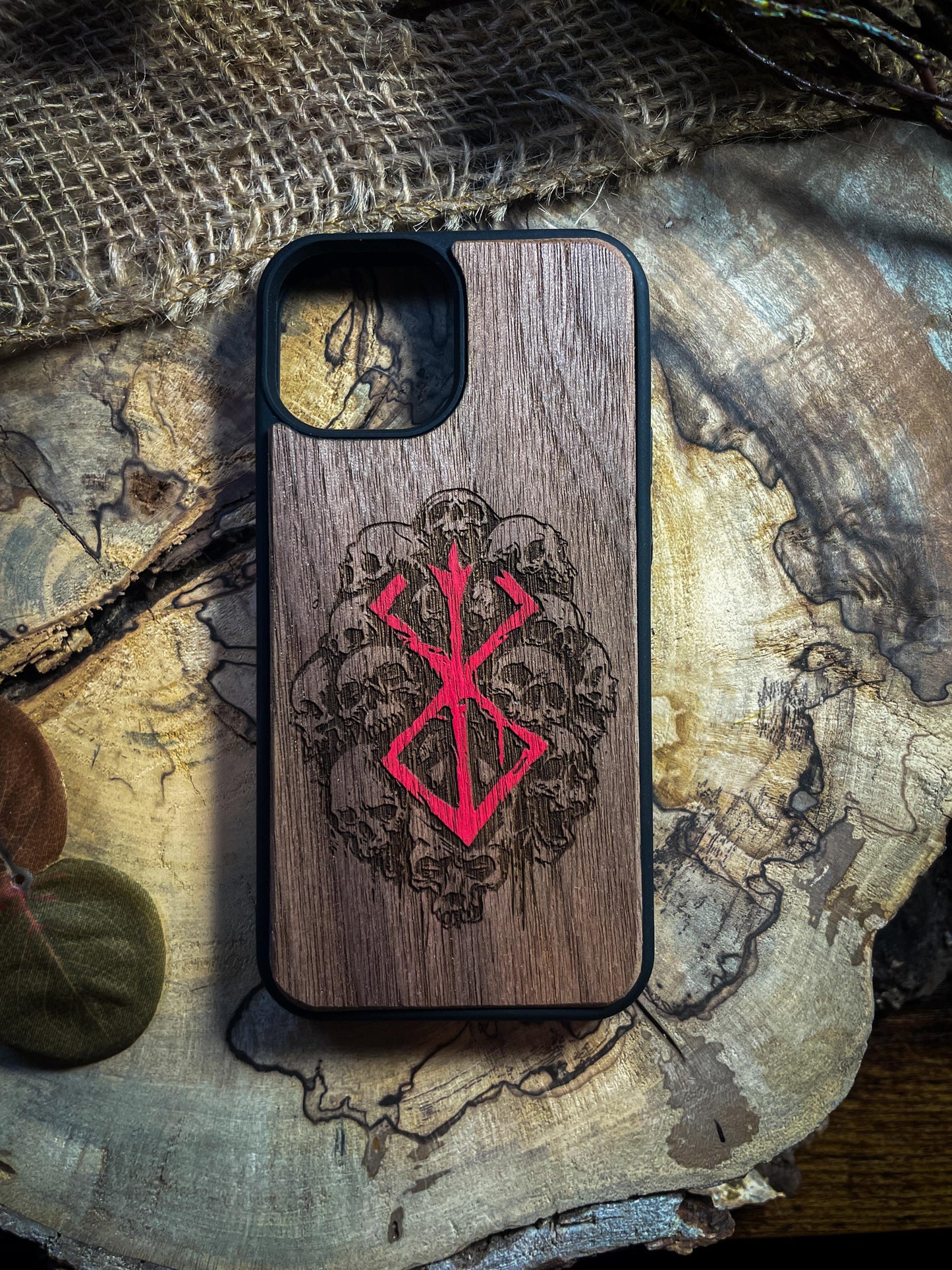 Dark Gothic Red Japanese Anime Demon Logo Wood Phone Case - Skull & Anime Inspired Design