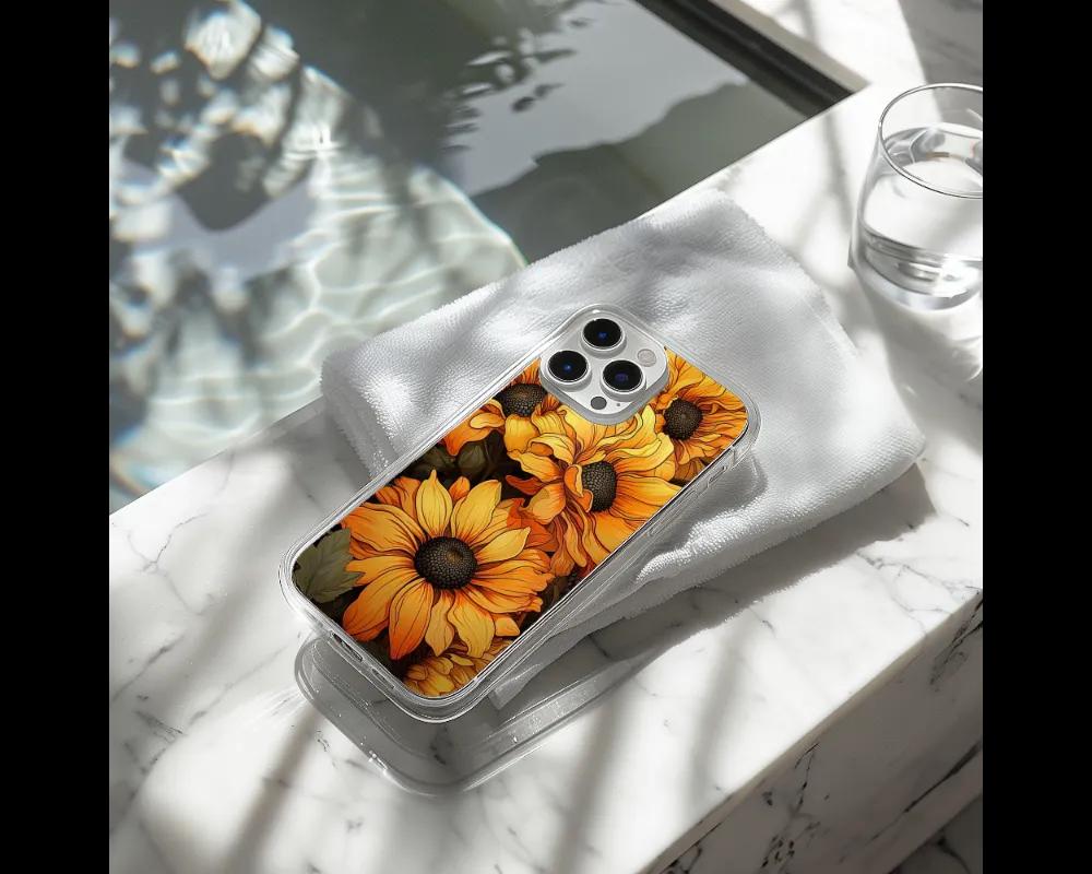 a cell phone case with sunflowers on it