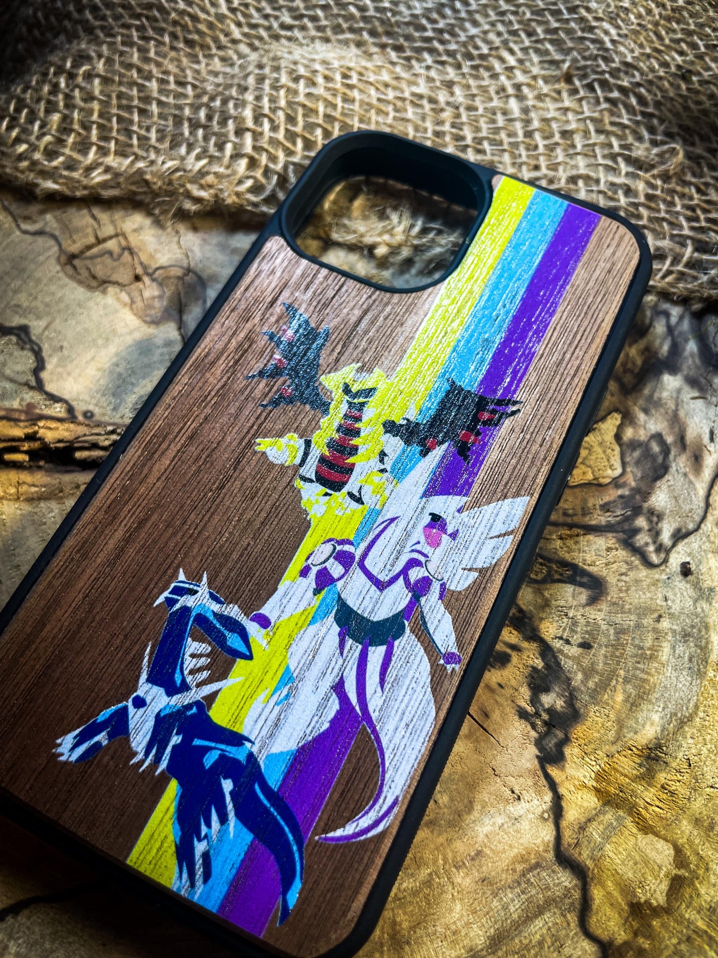 Time and Space: Wooden Phone Case Featuring Dialga, Palkia, and Giratina-Inspired Design for iphone, samsung and google pixel