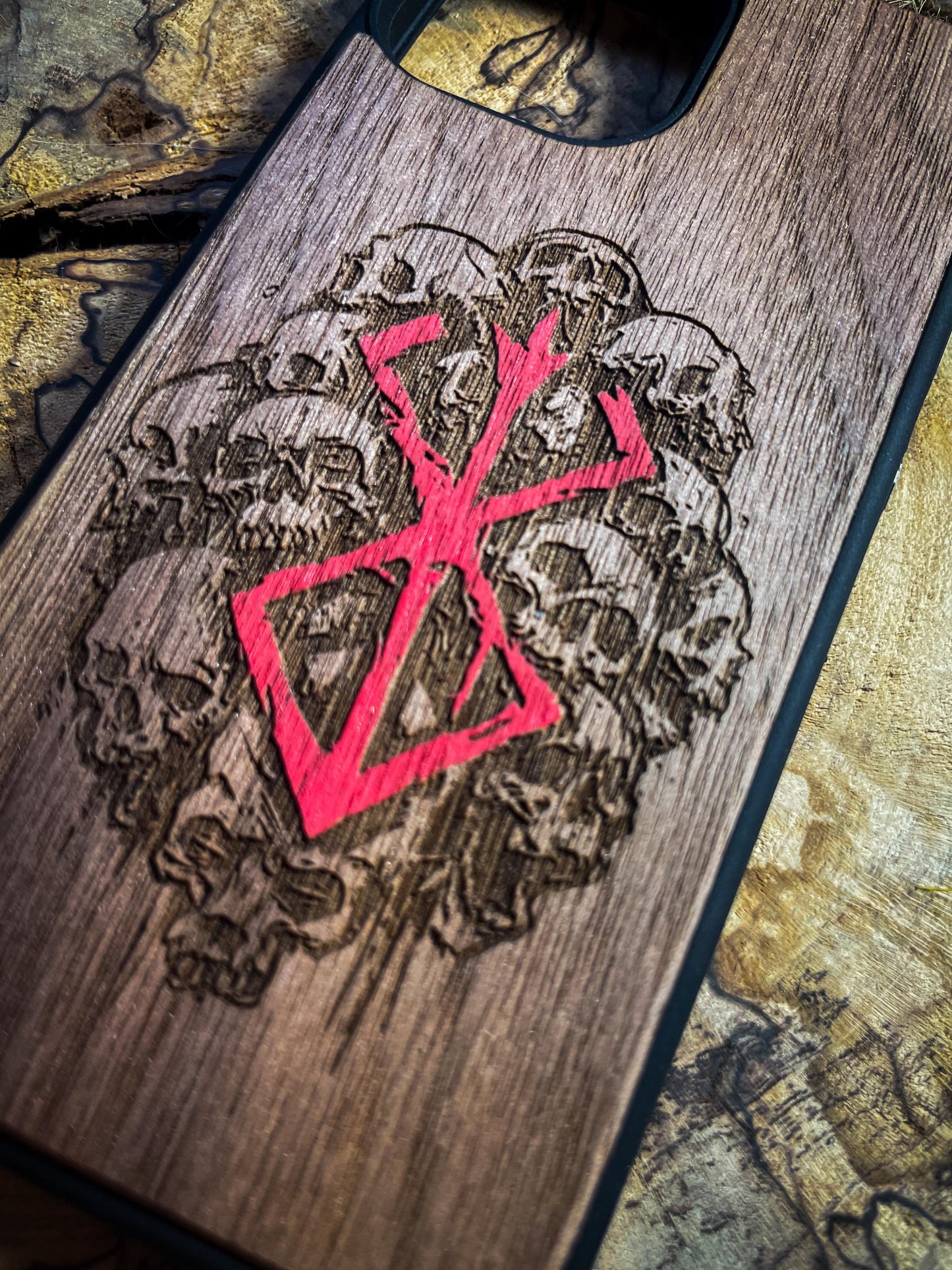 Dark Gothic Red Japanese Anime Demon Logo Wood Phone Case - Skull & Anime Inspired Design SHOP APP