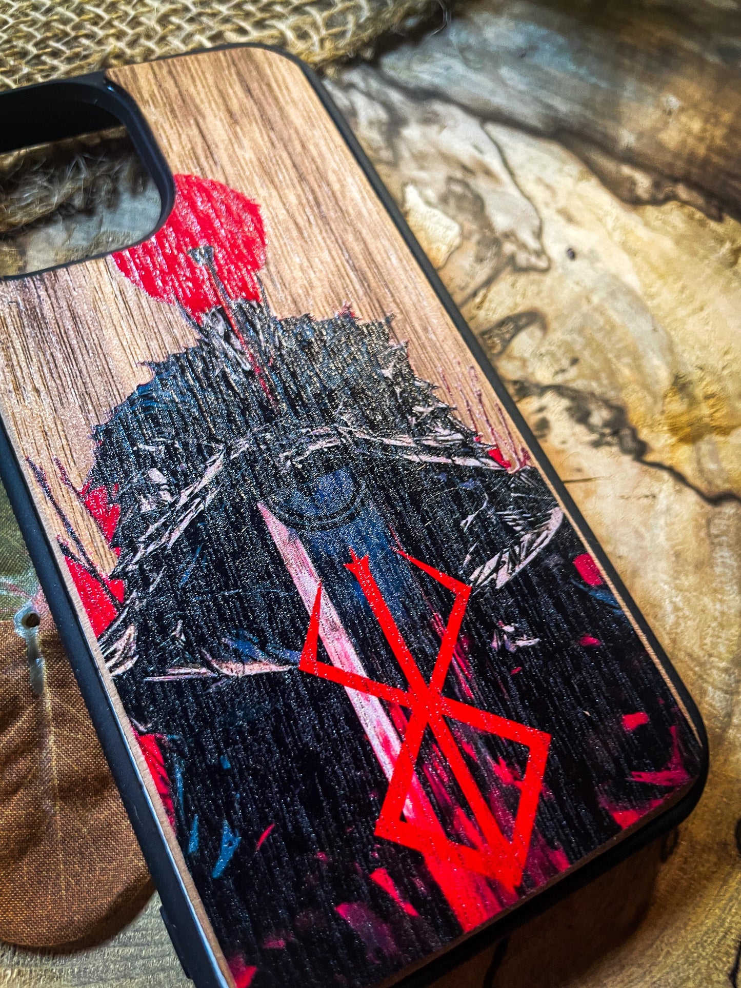 Dark Gothic Red Japanese Anime Demon Logo Wood Phone Case - Skull & Anime Inspired Design SHOP APP