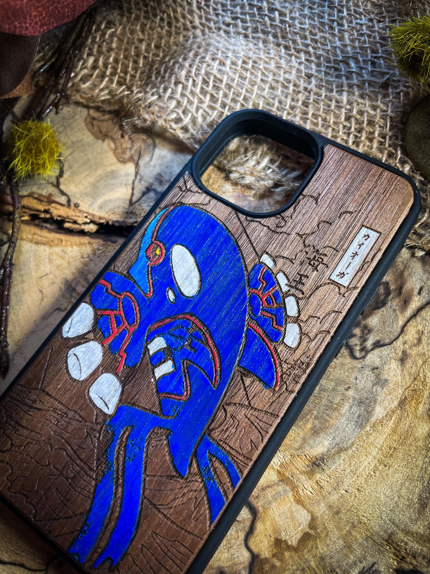 Japanese Art Kyogre Wood Phone Case - Unique Ocean-Inspired Design for iPhone 16, Google Pixel, and More