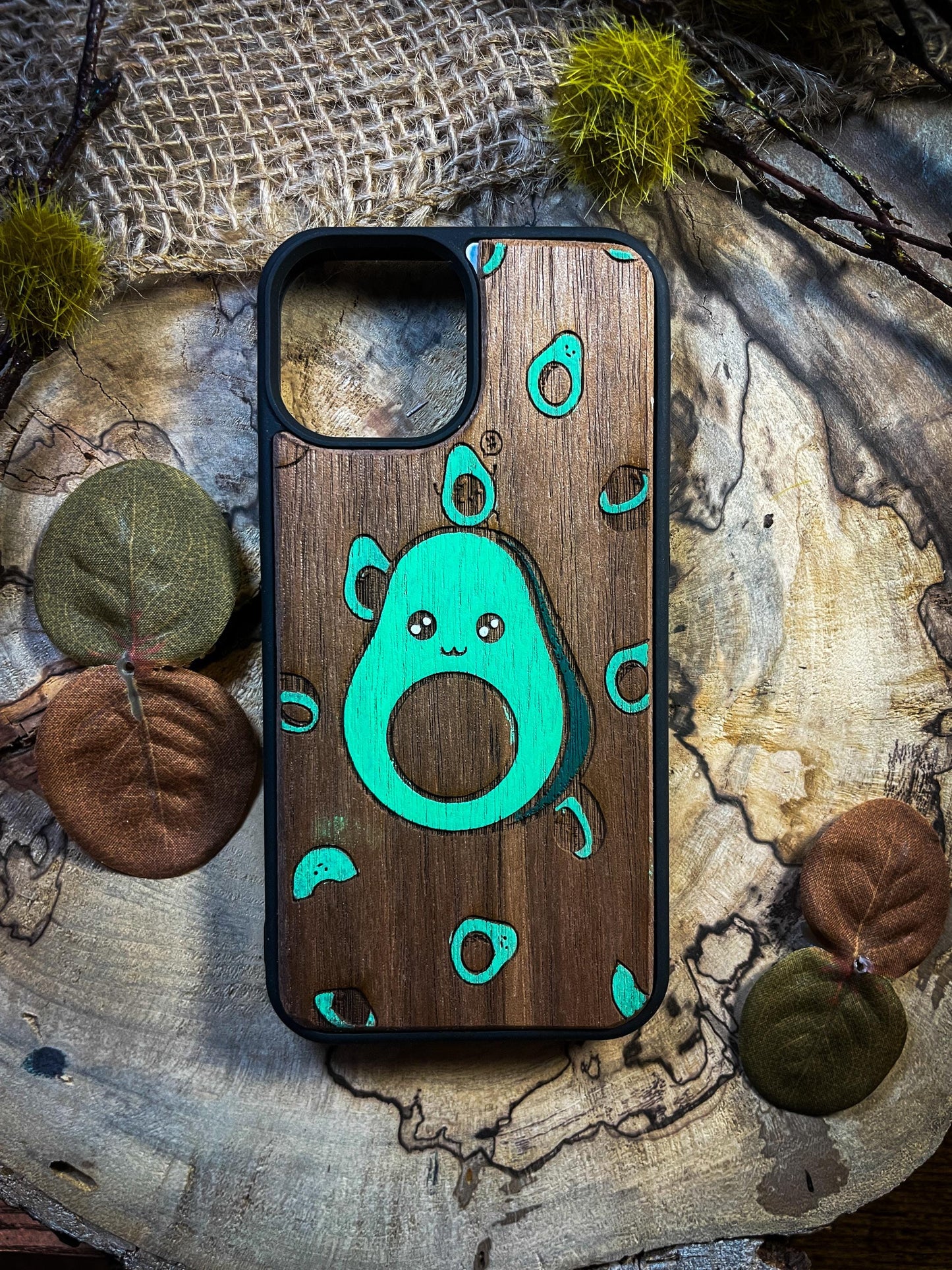 Cute Avocado phone case hand painted Wood Phone Case - Elegant Design for Samsung, iPhone 16, Google Pixel, and More!