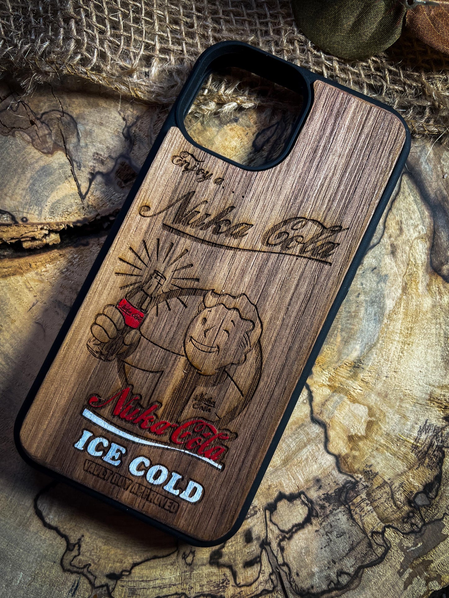 Nuke Cola Apocaliptic video game Fall wood phone case for iphones , samsung and google pixel