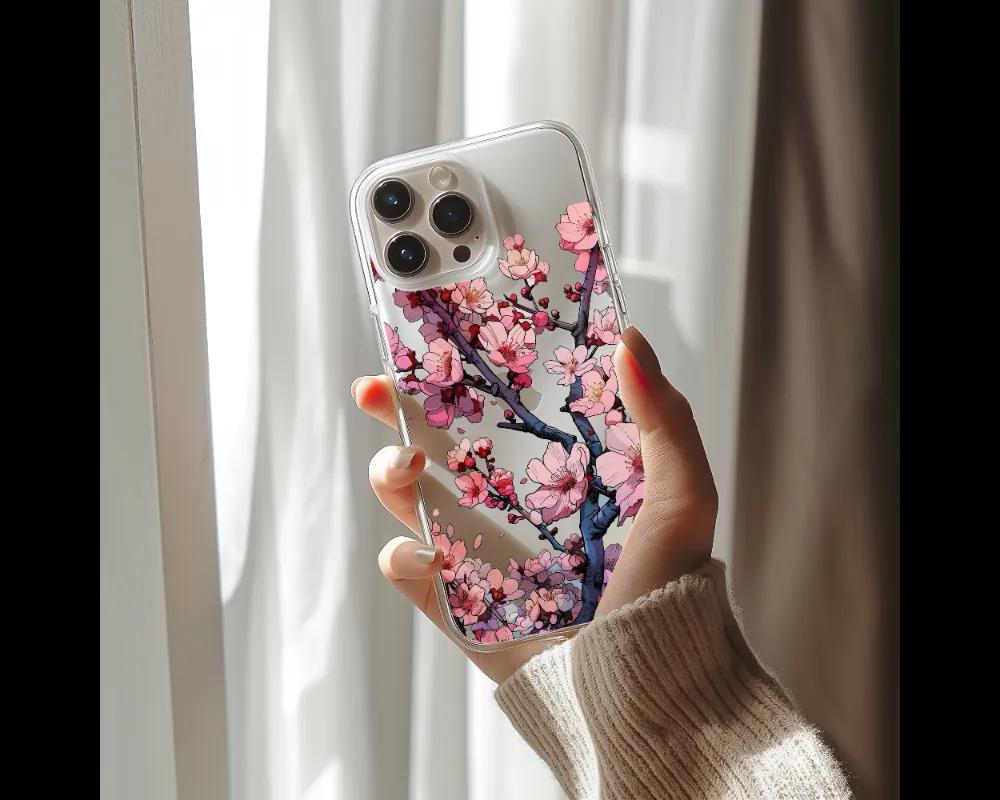 a woman is holding a phone case with flowers on it