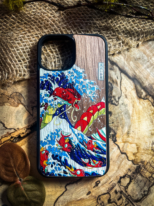 Red Shiny Majestic Dragon & Wave Wood Phone Case - Kanagawa-Inspired Japanese  Monster - iPhone 16 PRO MAX, Samsung S22 S23 S24 Google Pixel SHOP APP