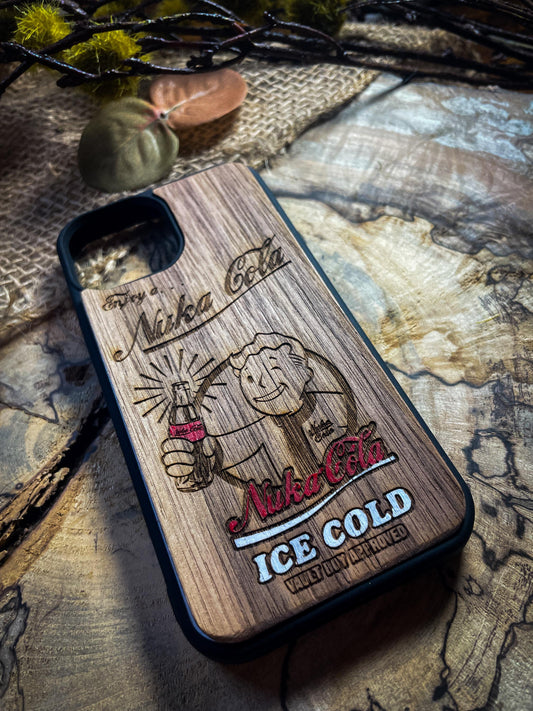 Nuke Cola Apocaliptic video game Fall wood phone case for iphones , samsung and google pixel