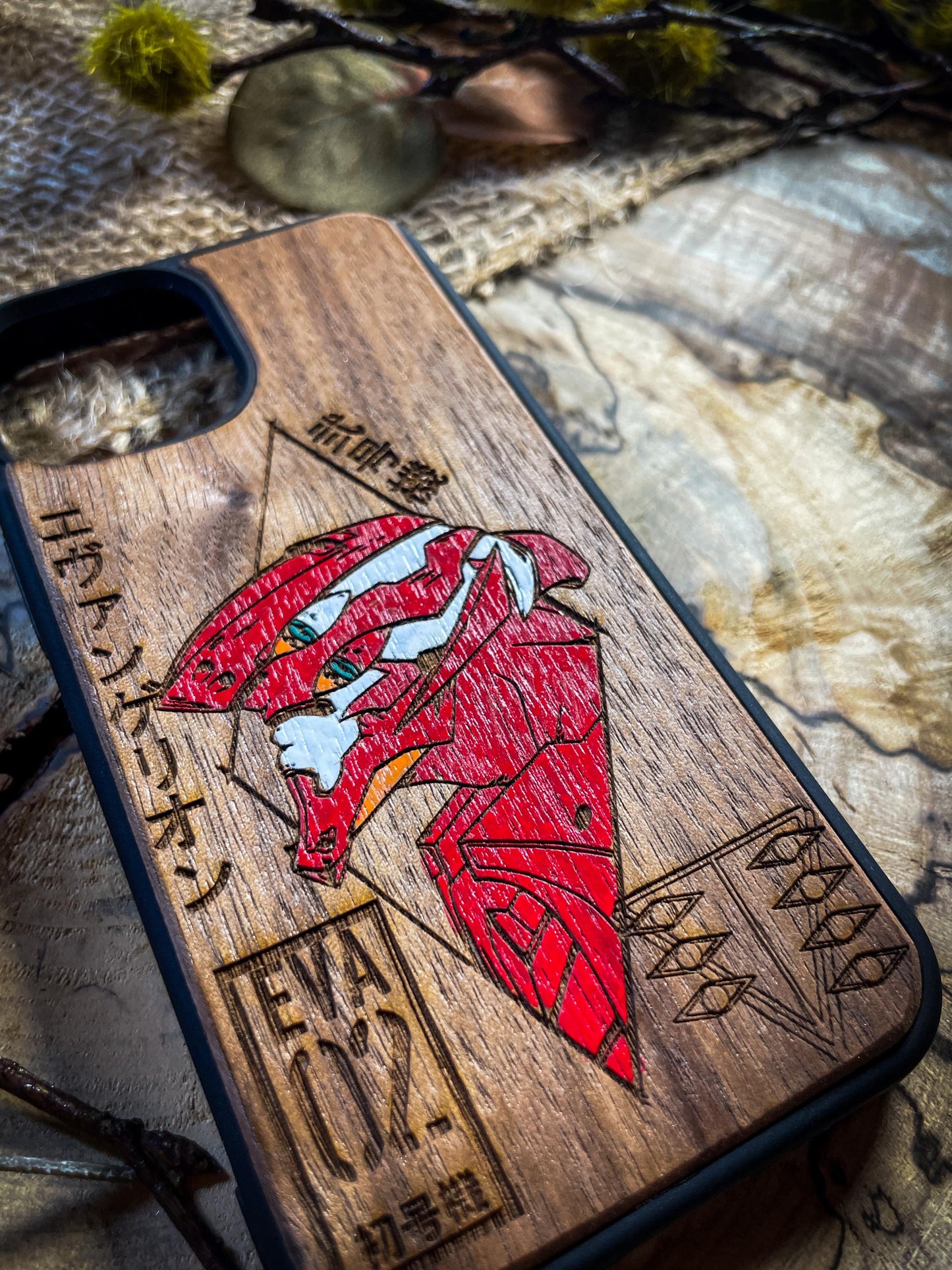 EVA 02 Wood Phone Case Featuring a Futuristic Mech Design - Unique and Stylish for iPhone 16, Google Pixel, and More