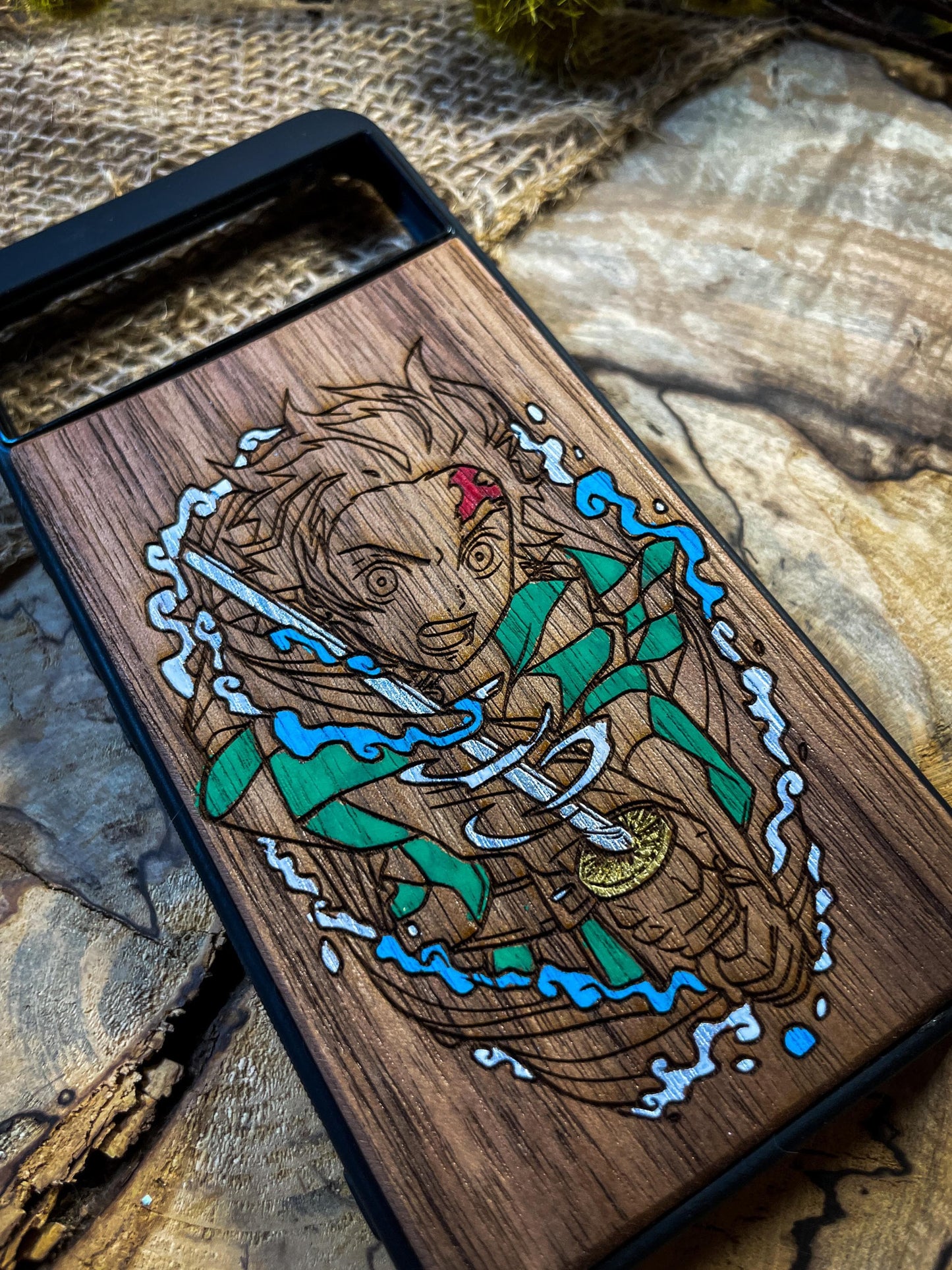 Flame Spirit DEMON HUNTER SAMURAI Wood Phone Case for iPhone, Samsung, and Google Pixel – Inspired by Anime’s Fiery Warriors