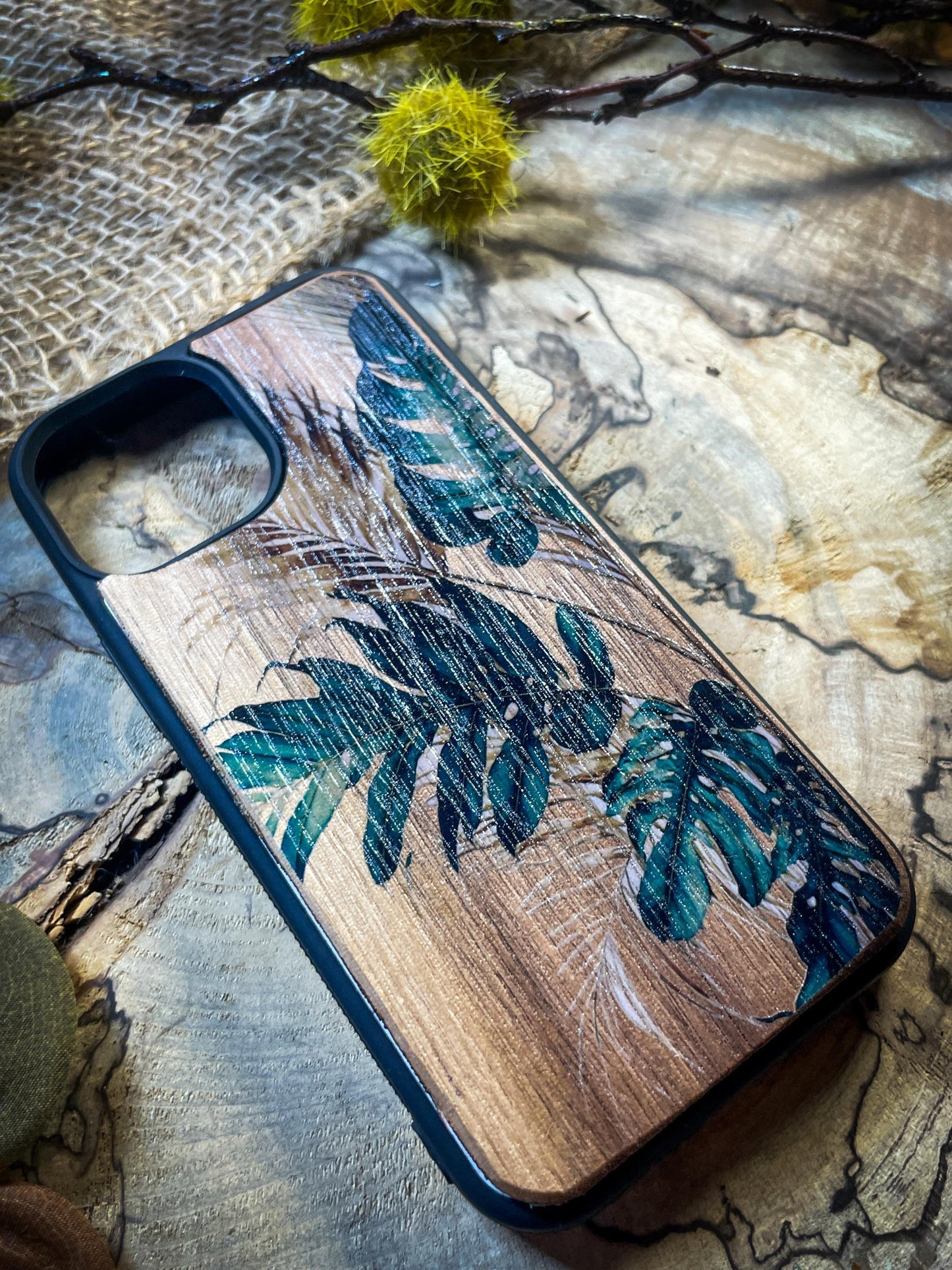 Tropical Jungle Leaves Wood Phone Case for iPhone, Samsung, and Google Pixel – Preppy & Fresh Aesthetic