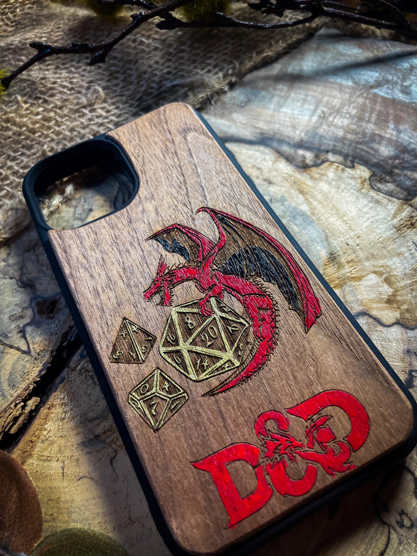 Fantasy Adventure Wood Phone Case with Red Dragon and Golden Dice for iPhone, Samsung, and Google Pixel Models SHOP APP