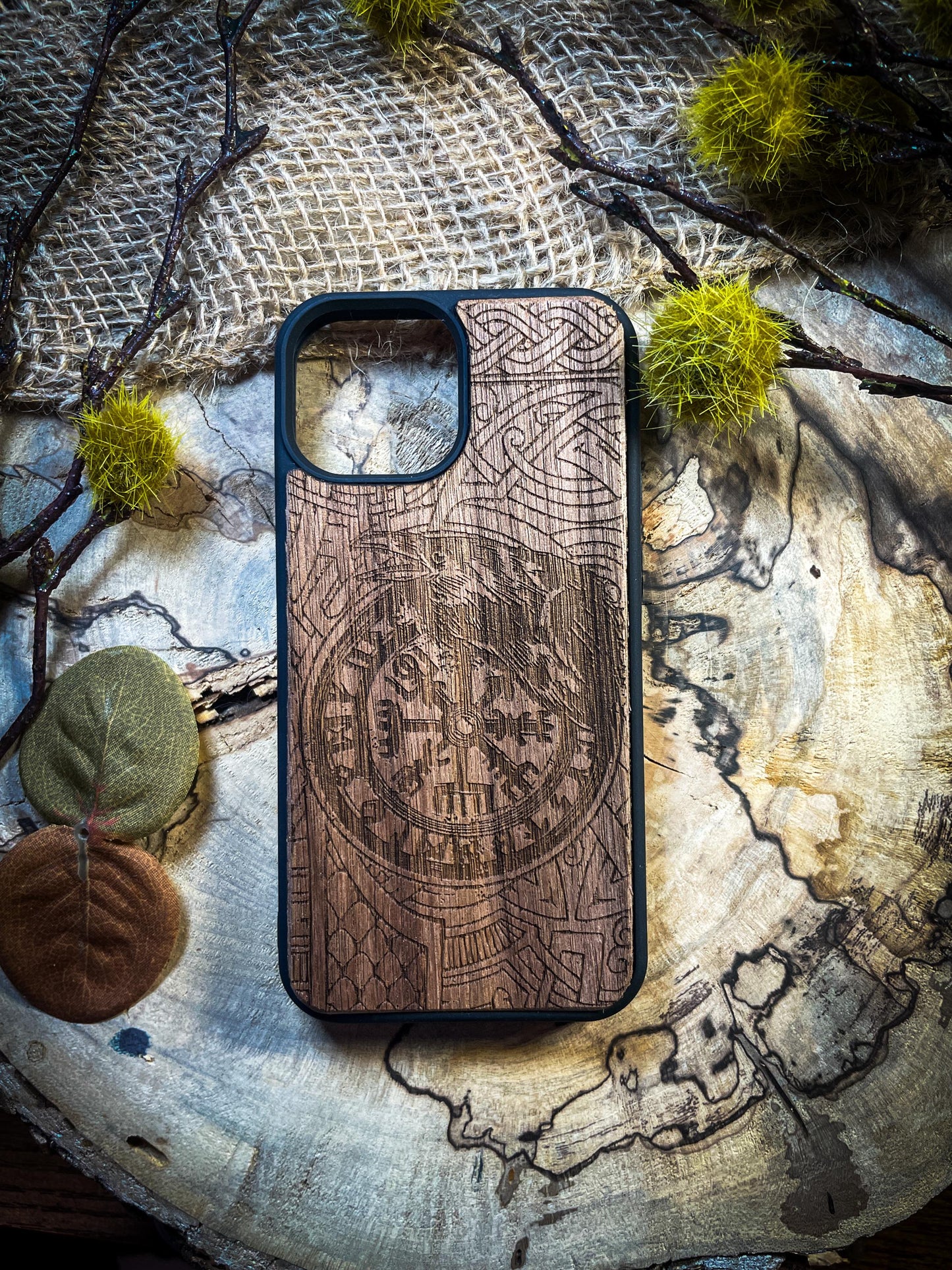 Raven Viking Nordic Runes Symbols Gold Hand painted Medieval mythology Vegvisir Wood Phone case for Samsung, Iphone and Google Pixel