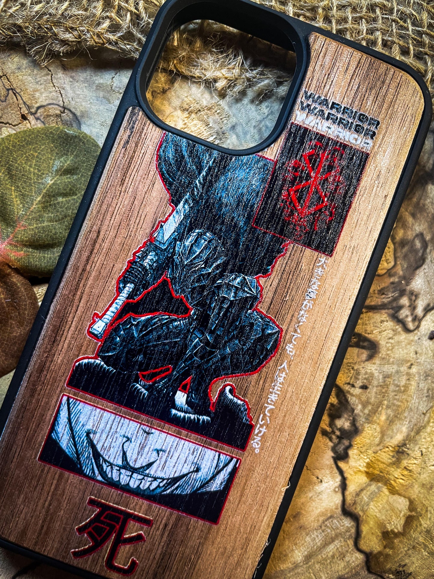 Dark Gothic Red Japanese Anime Demon Logo Wood Phone Case - Skull & Anime Inspired Design