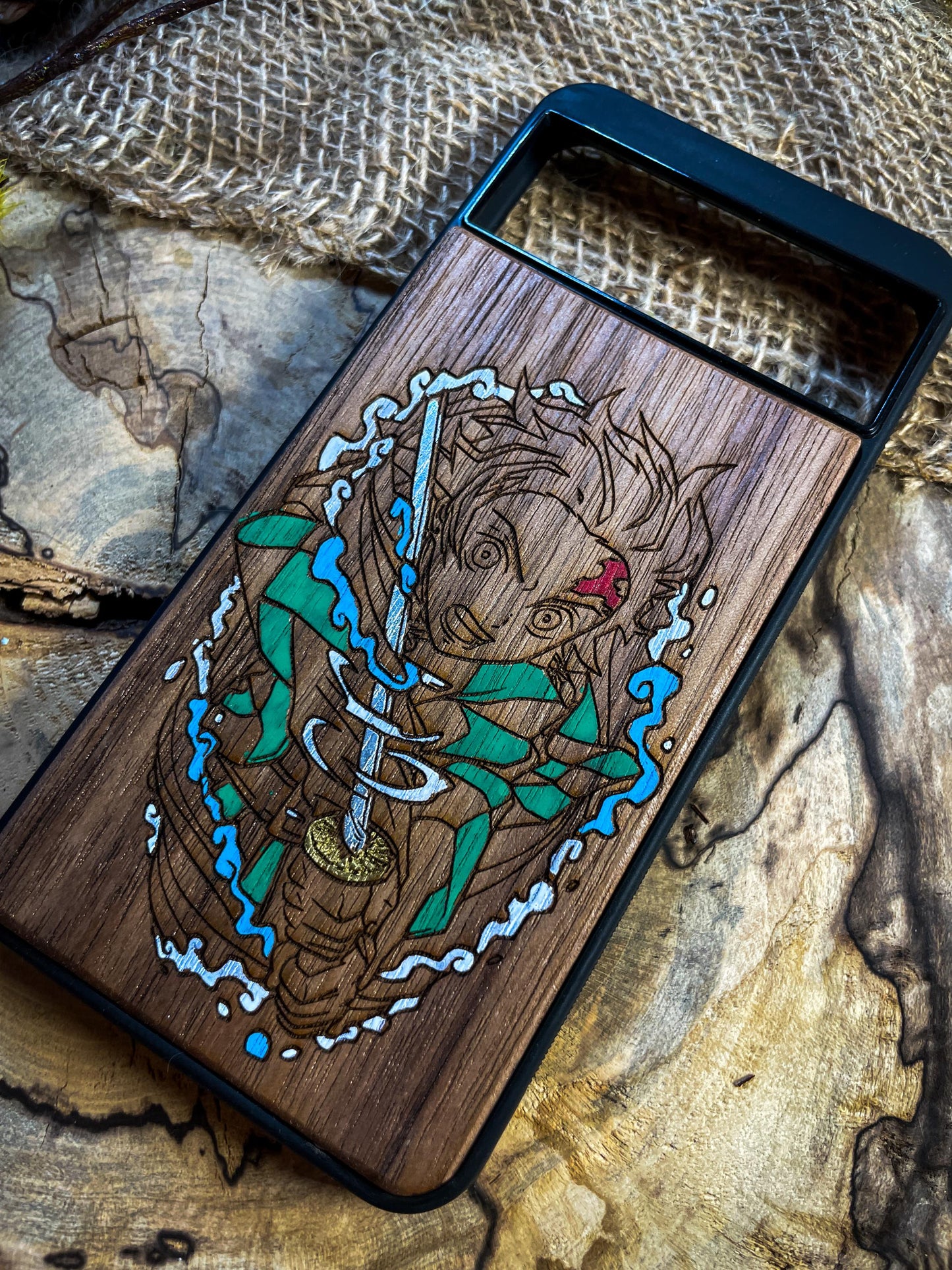 Flame Spirit DEMON HUNTER SAMURAI Wood Phone Case for iPhone, Samsung, and Google Pixel – Inspired by Anime’s Fiery Warriors