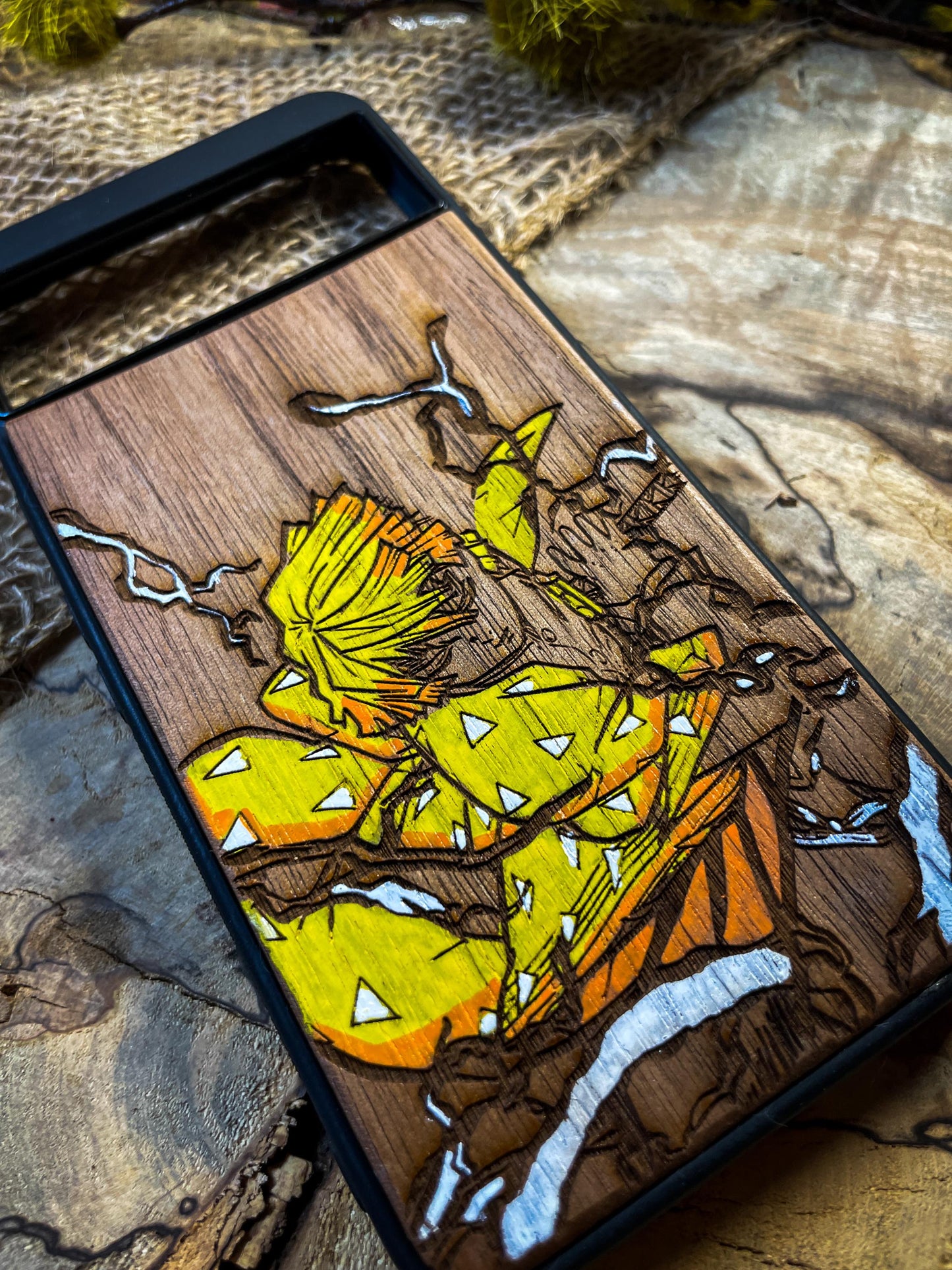 Thunder Samurai Demon Hunter Warrior Wood Phone Case for iPhone, Samsung, and Google Pixel – Inspired by Lightning-Fast Anime Heroes