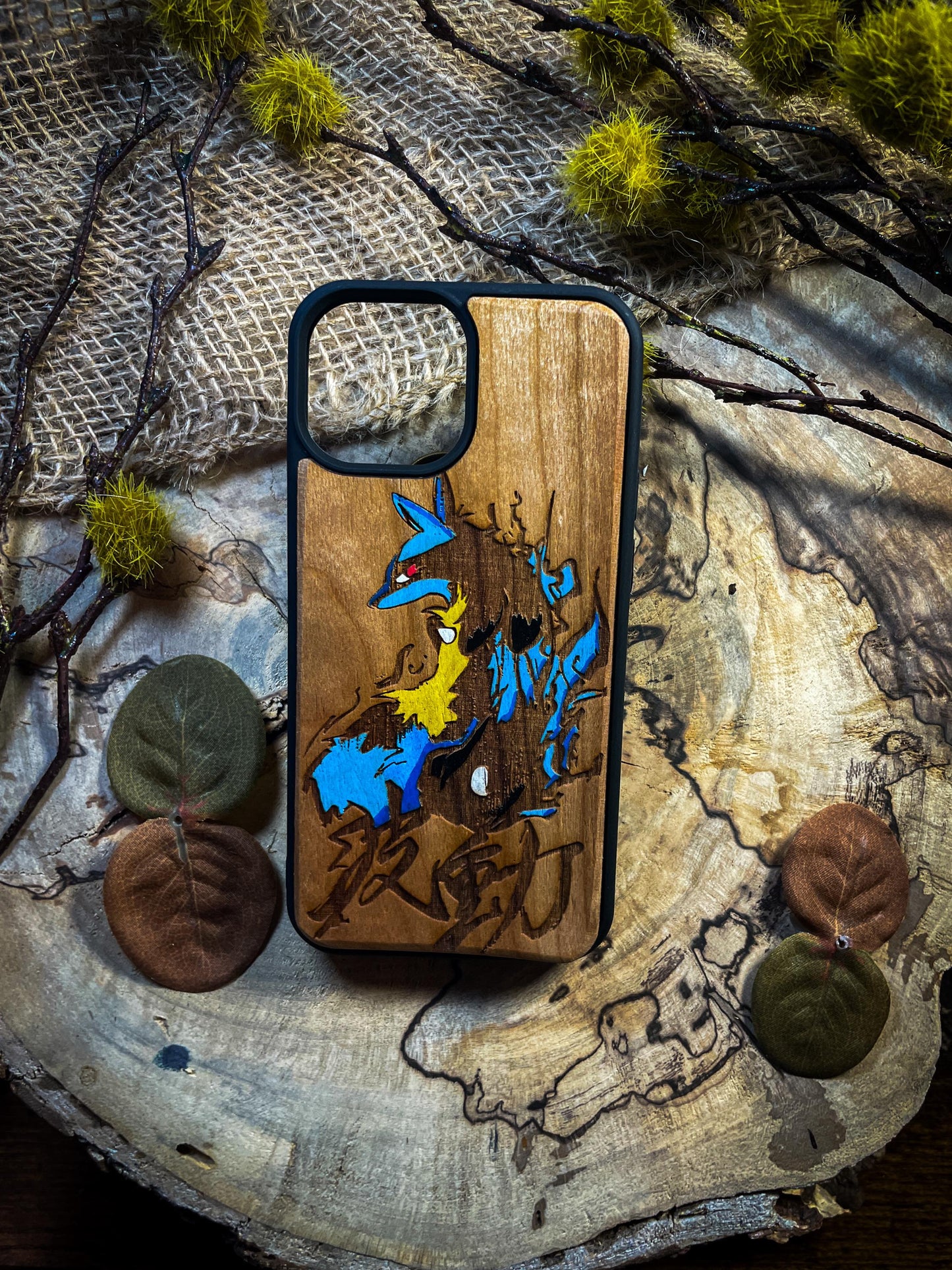 Japanese Art cute anime cartoon blue monster wolf Wood Phone Case - Unique Legendary -Inspired Design for iPhone 16, Google Pixel, and More