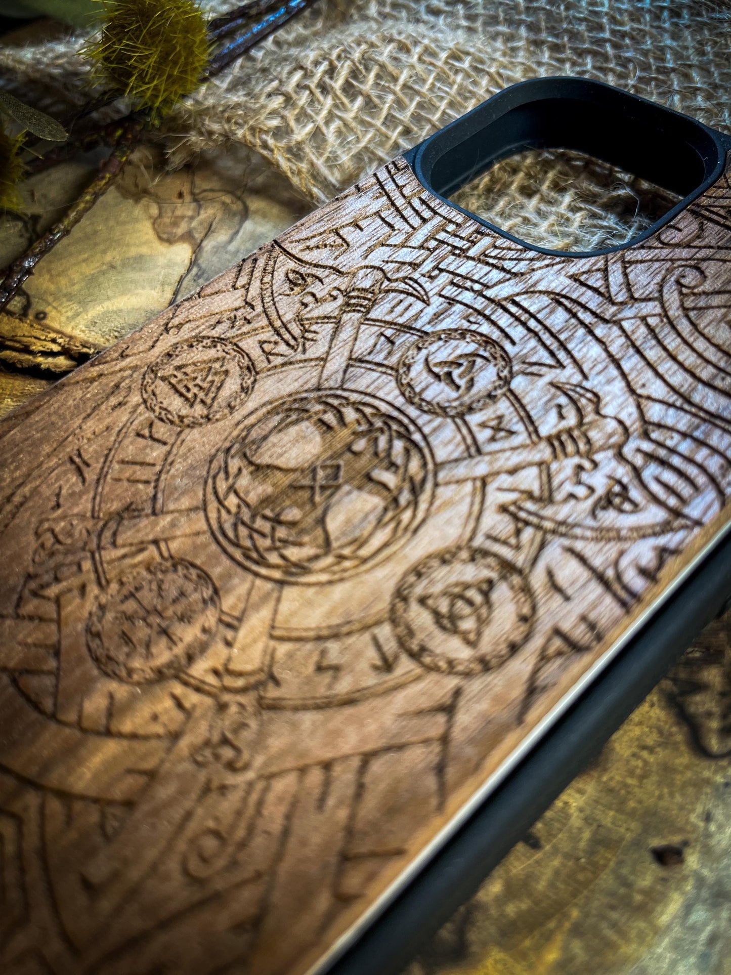 Viking Nordic Axe Runes Symbols Gold Hand painted Medieval mythology Vegvisir Wood Phone case for Samsung, Iphone and Google Pixel