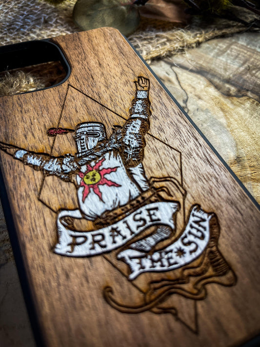 Praise the Sun Fantasy Inspired Wood Phone Case - '' Knight Design - iPhone 16 PRO MAX, Samsung S20 S21 S22 S23 S24 N ULTRA, Google Pixel