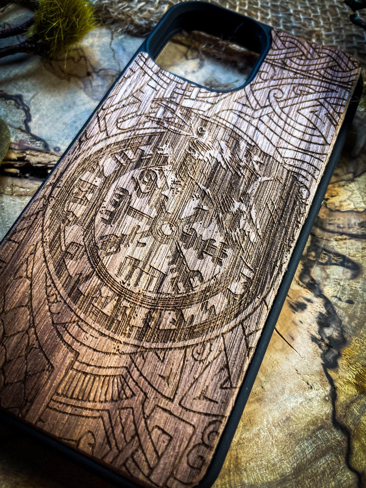 Raven Viking Nordic Runes Symbols Gold Hand painted Medieval mythology Vegvisir Wood Phone case for Samsung, Iphone and Google Pixel SHOP APP