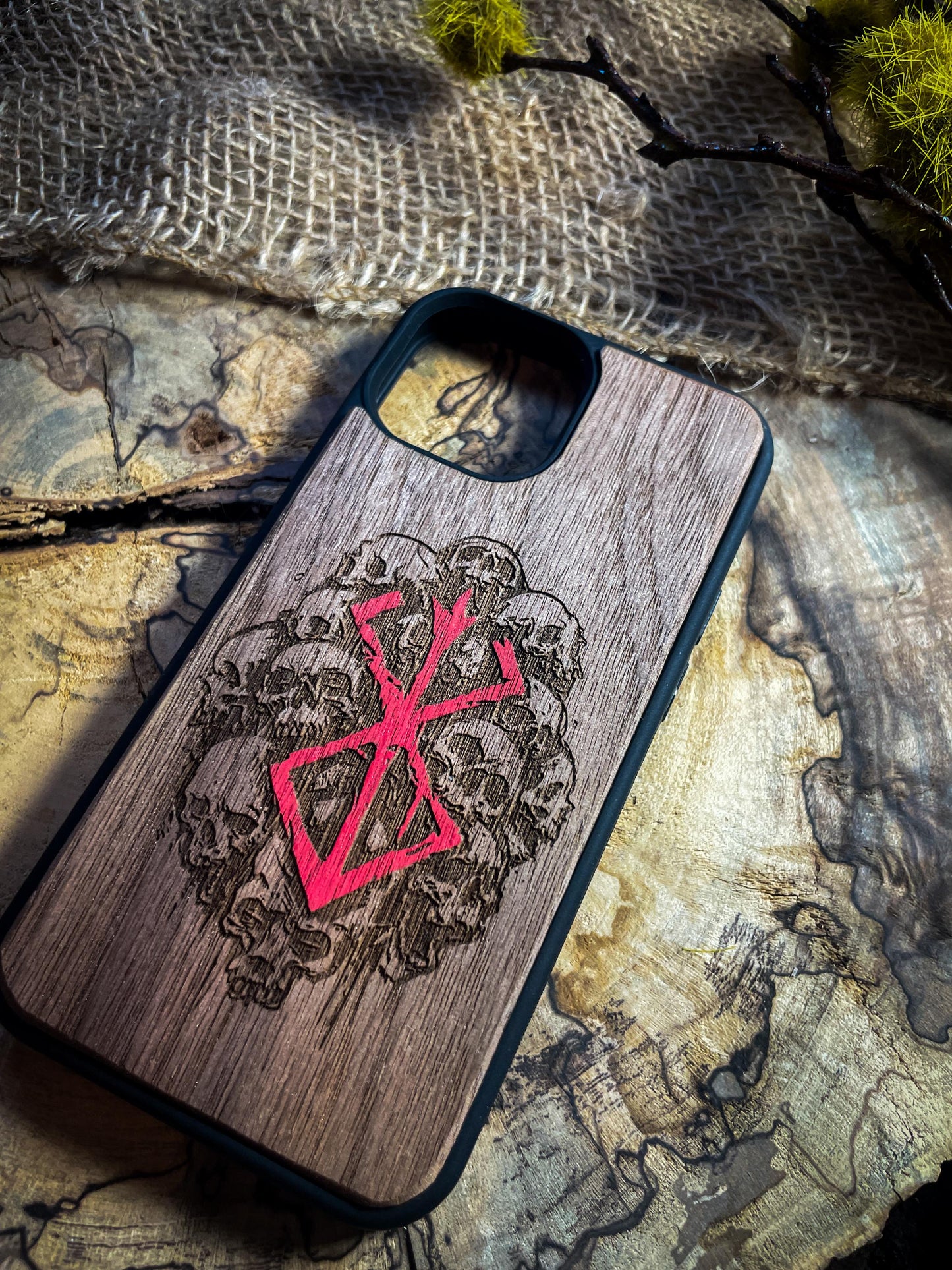 Dark Gothic Red Japanese Anime Demon Logo Wood Phone Case - Skull & Anime Inspired Design