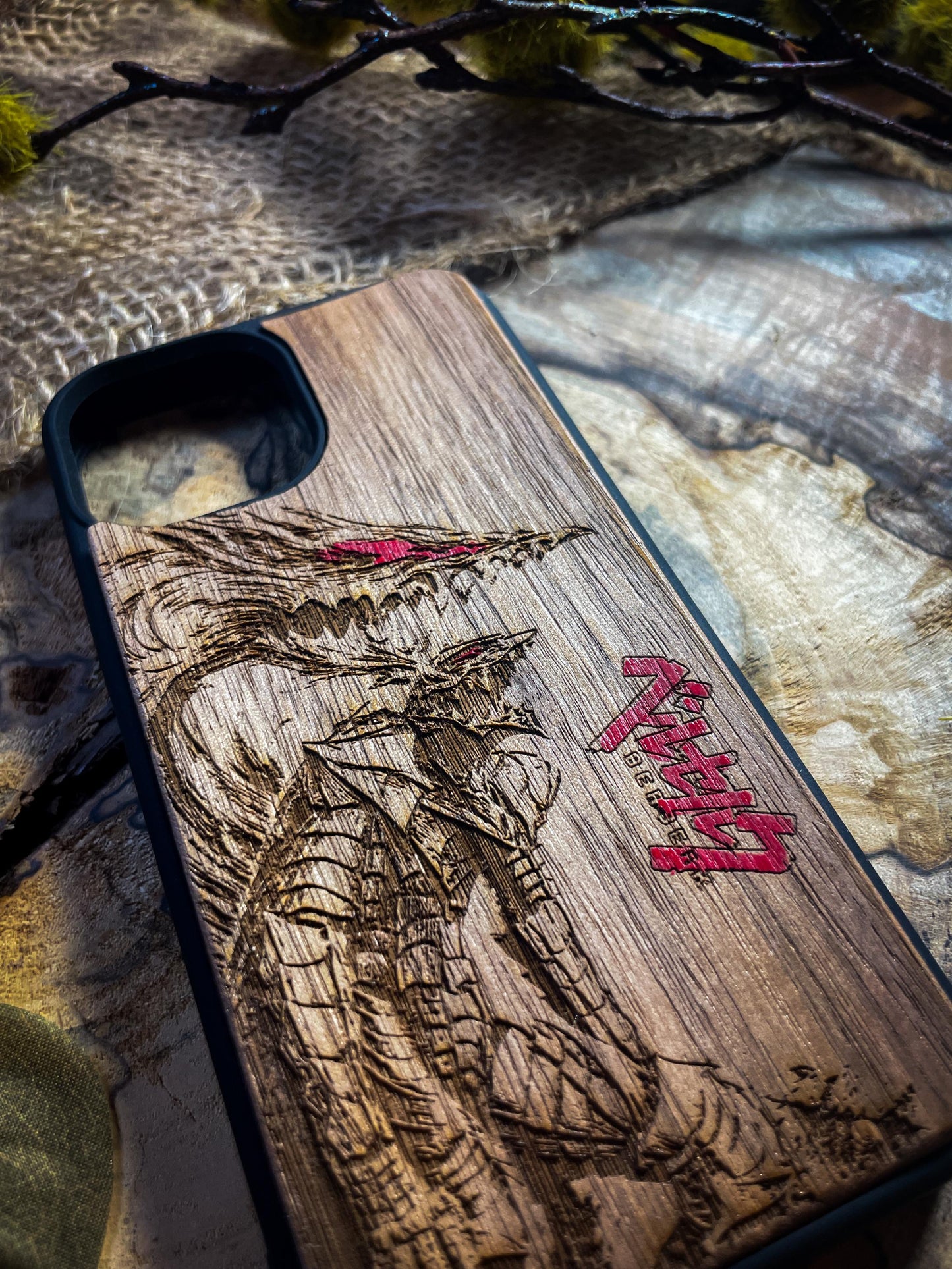 Dark Gothic Red Japanese Anime Demon Logo Wood Phone Case - Skull & Anime Inspired Design