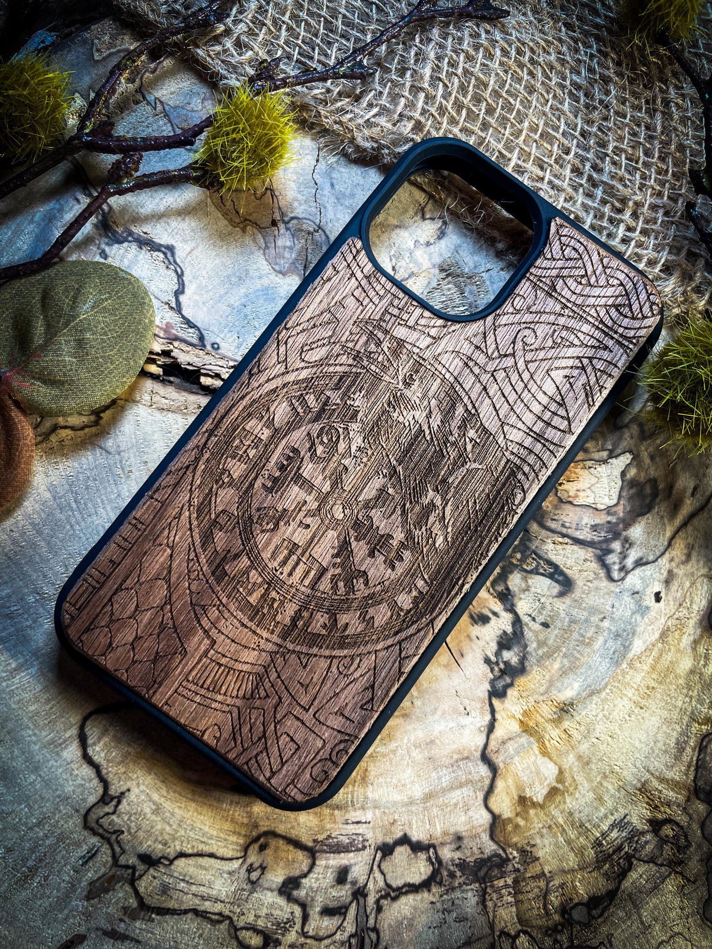 Raven Viking Nordic Runes Symbols Gold Hand painted Medieval mythology Vegvisir Wood Phone case for Samsung, Iphone and Google Pixel