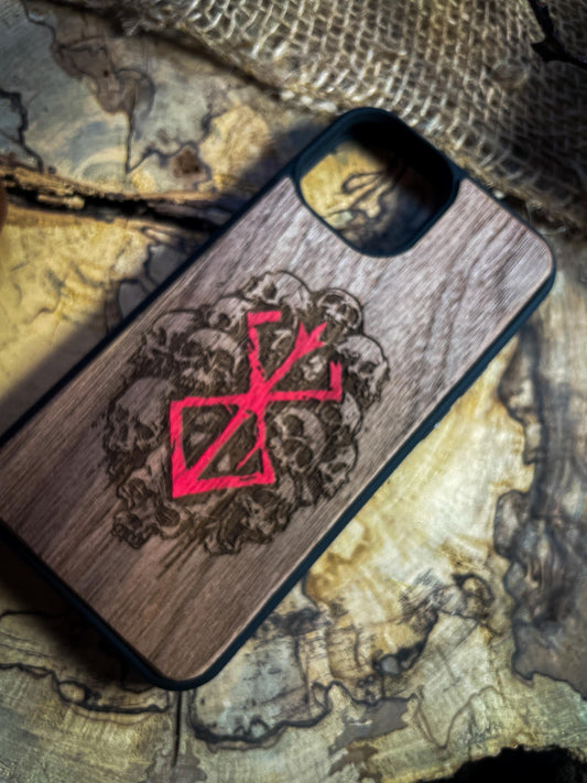 Dark Gothic Red Japanese Anime Demon Logo Wood Phone Case - Skull & Anime Inspired Design SHOP APP