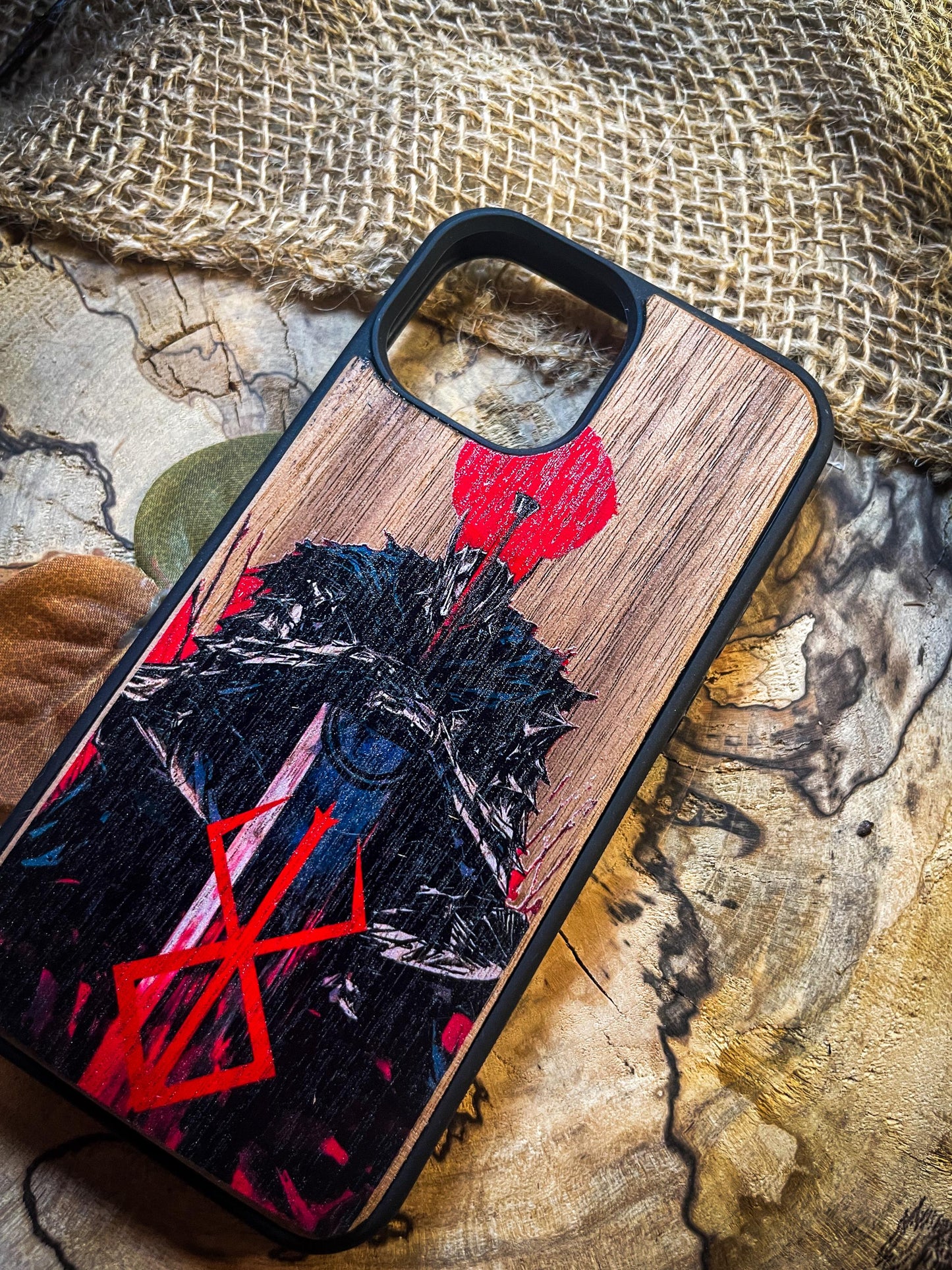 Dark Gothic Red Japanese Anime Demon Logo Wood Phone Case - Skull & Anime Inspired Design