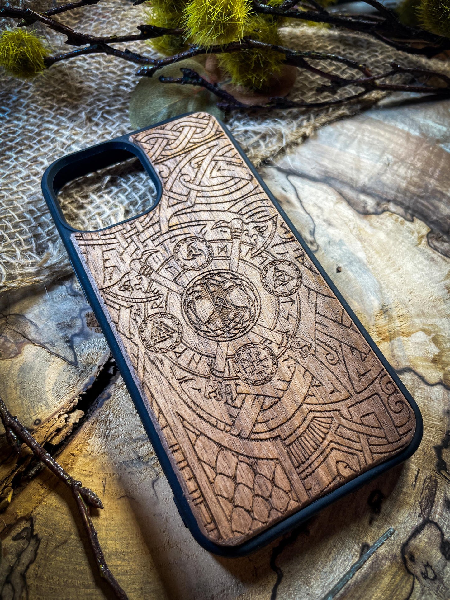 Viking Nordic Axe Runes Symbols Gold Hand painted Medieval mythology Vegvisir Wood Phone case for Samsung, Iphone and Google Pixel