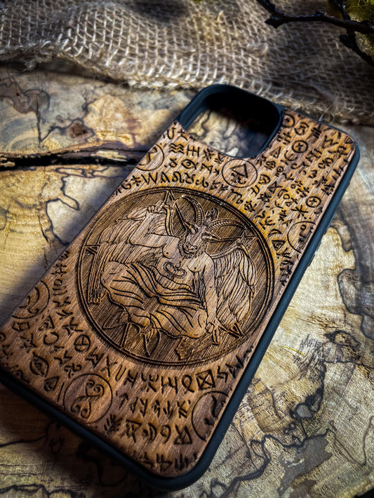 Baphomet Gothic Dark Goat Demon Wood Phone Case - Unique Artisan Design for iPhone, Samsung, and Google Pixel