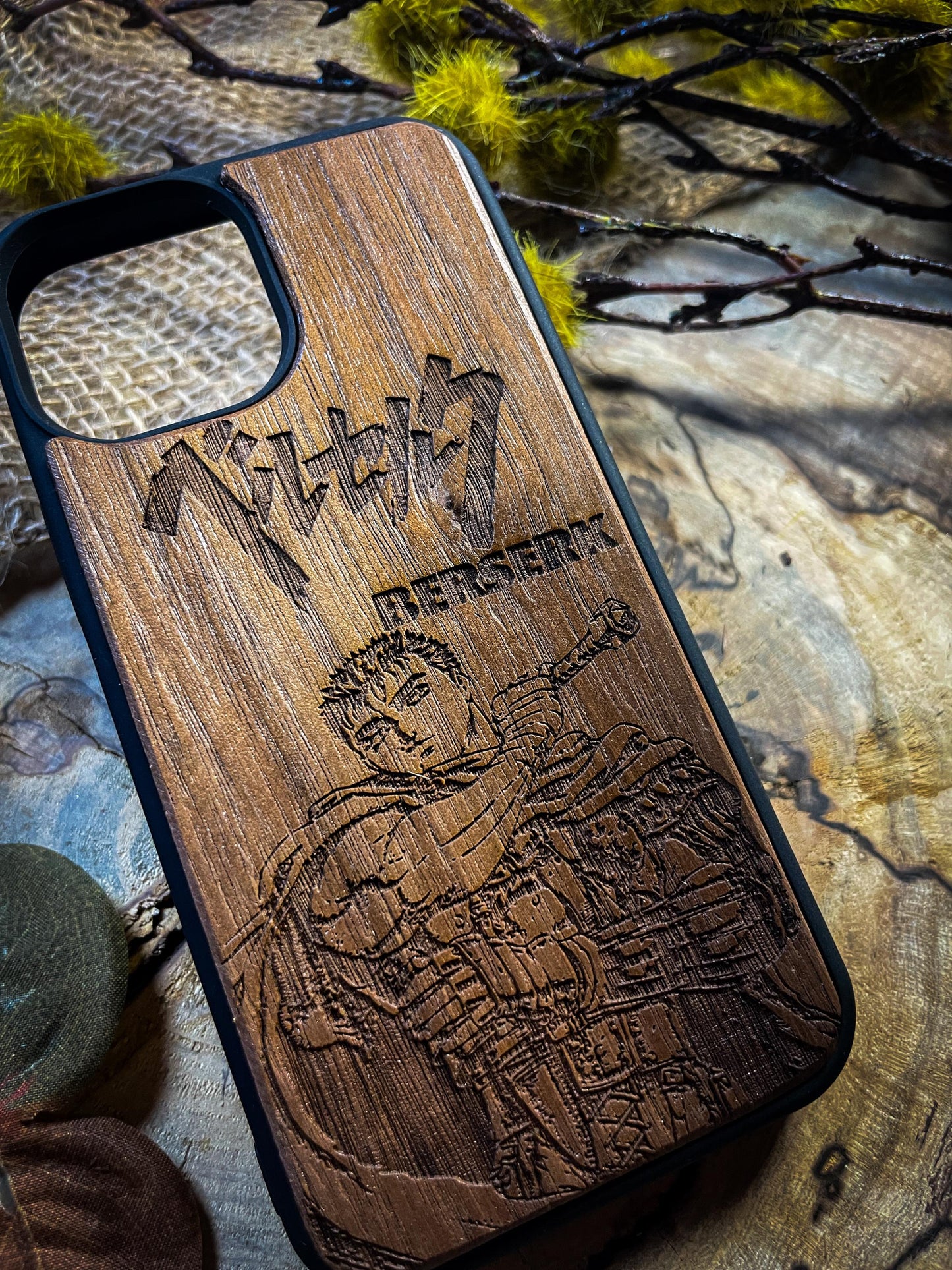 Dark Gothic Red Japanese Anime Demon Logo Wood Phone Case - Skull & Anime Inspired Design