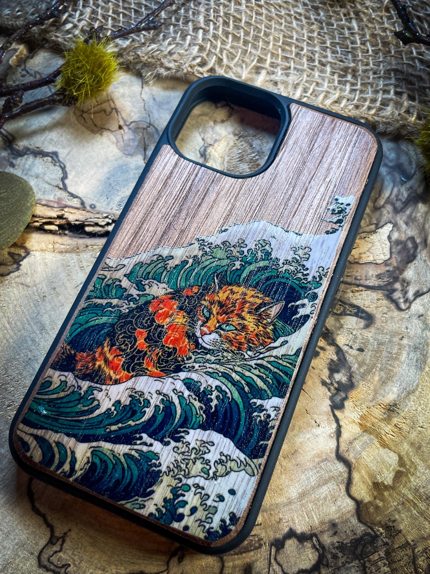 Kanagawa Orange Cat Wood Phone Case for iPhone, Samsung, and Google Pixel – Preppy & Unique Aesthetic