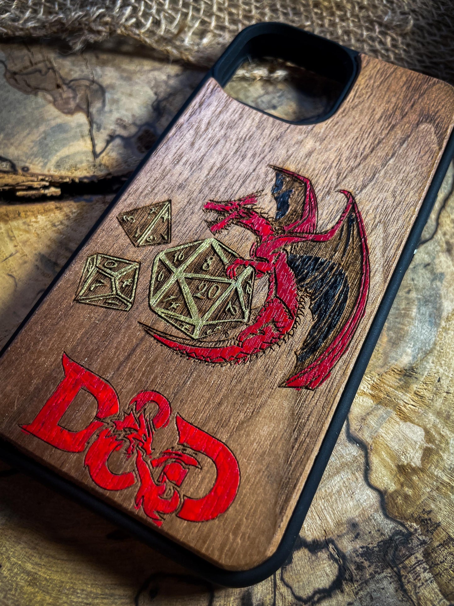 Fantasy Adventure Wood Phone Case with Red Dragon and Golden Dice for iPhone, Samsung, and Google Pixel Models