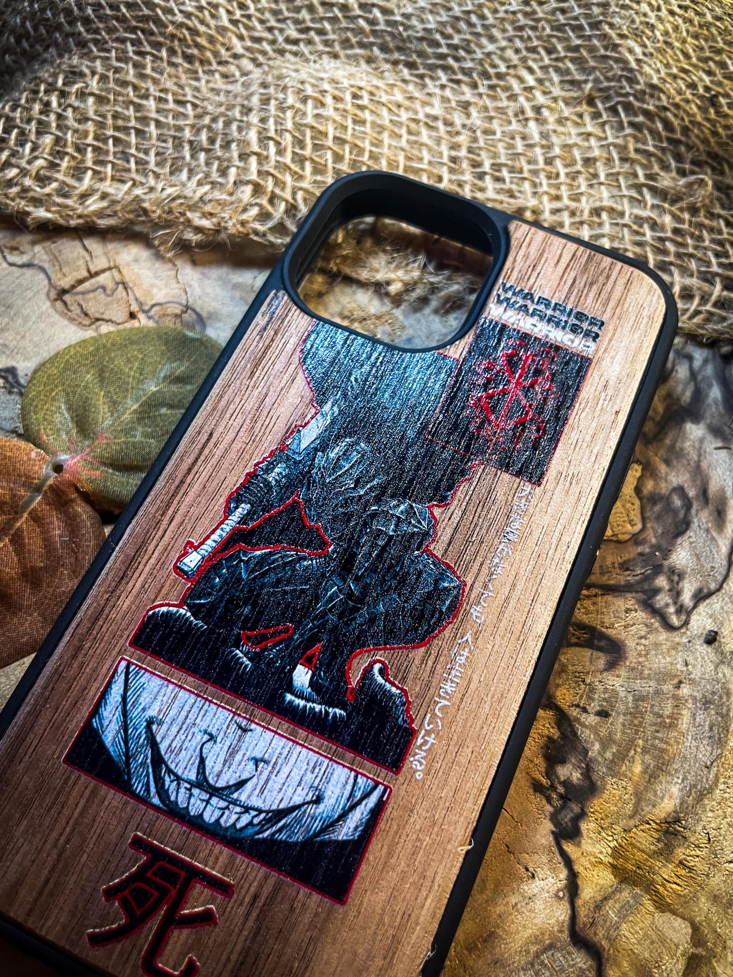 Dark Gothic Red Japanese Anime Demon Logo Wood Phone Case - Skull & Anime Inspired Design