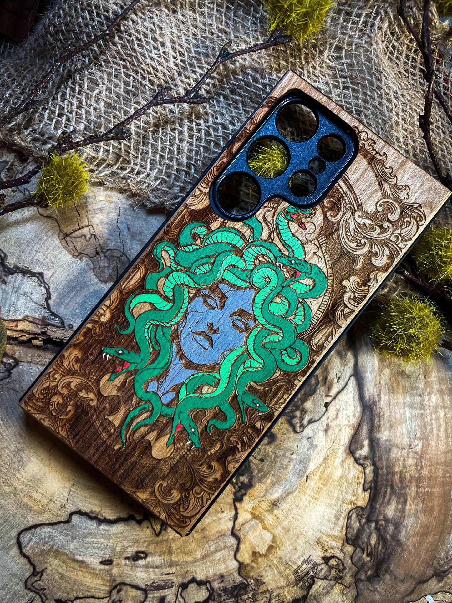 Hand-Painted Medusa Wood Phone Case for iPhone, Samsung, and Google Pixel – Mythical Elegance & Unique Craftsmanship