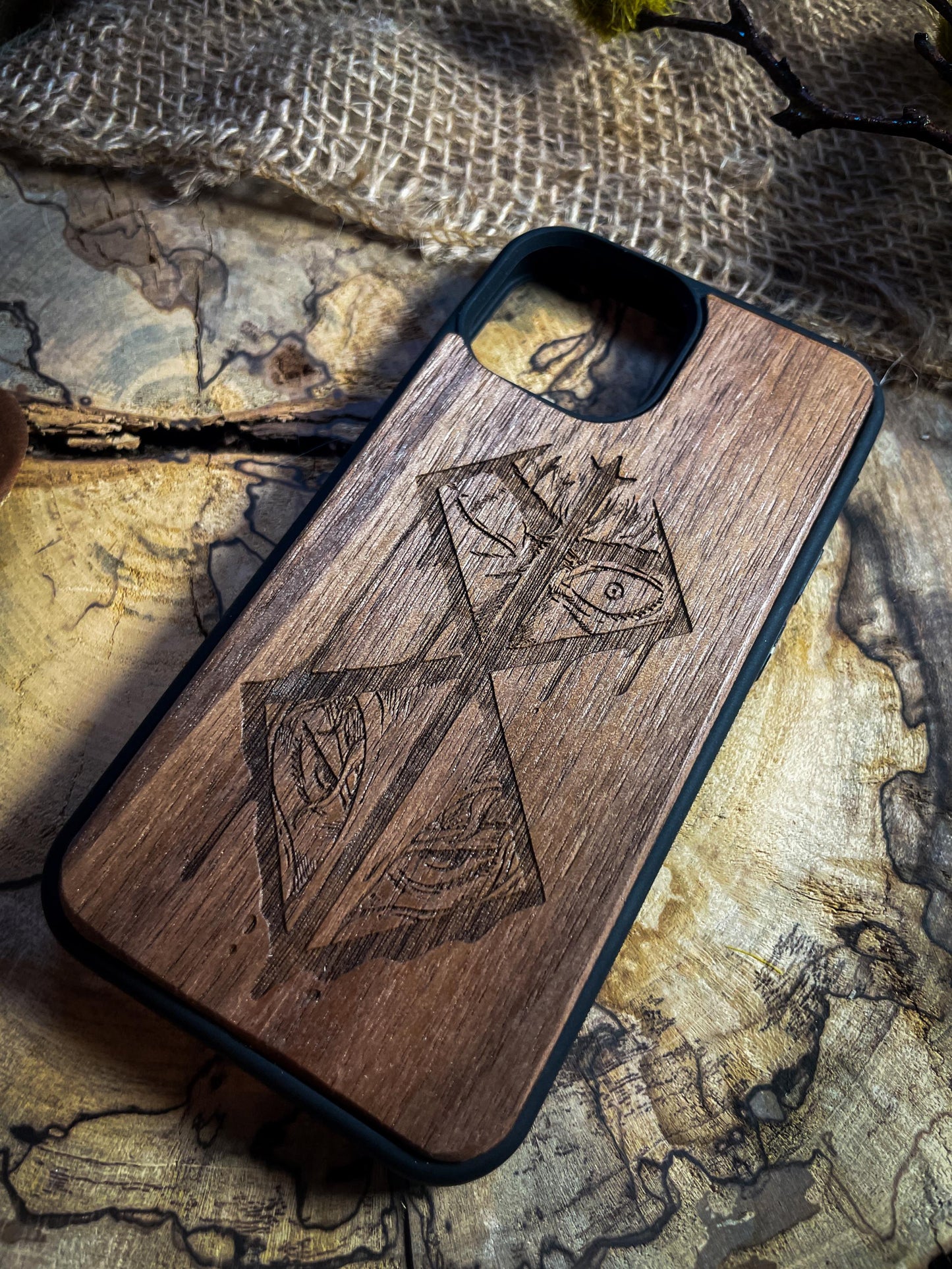 Dark Gothic Red Japanese Anime Demon Logo Wood Phone Case - Skull & Anime Inspired Design SHOP APP