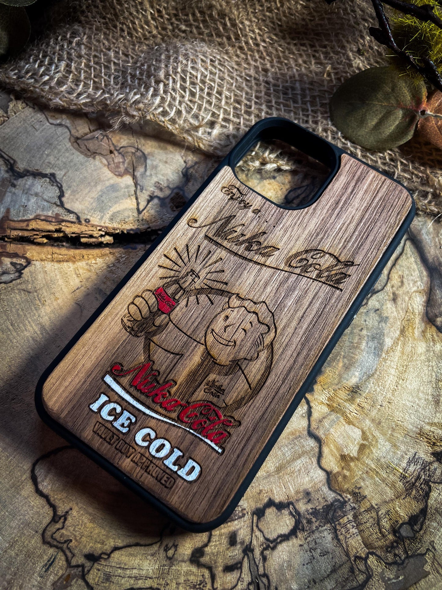 Nuke Cola Apocaliptic video game Fall wood phone case for iphones , samsung and google pixel