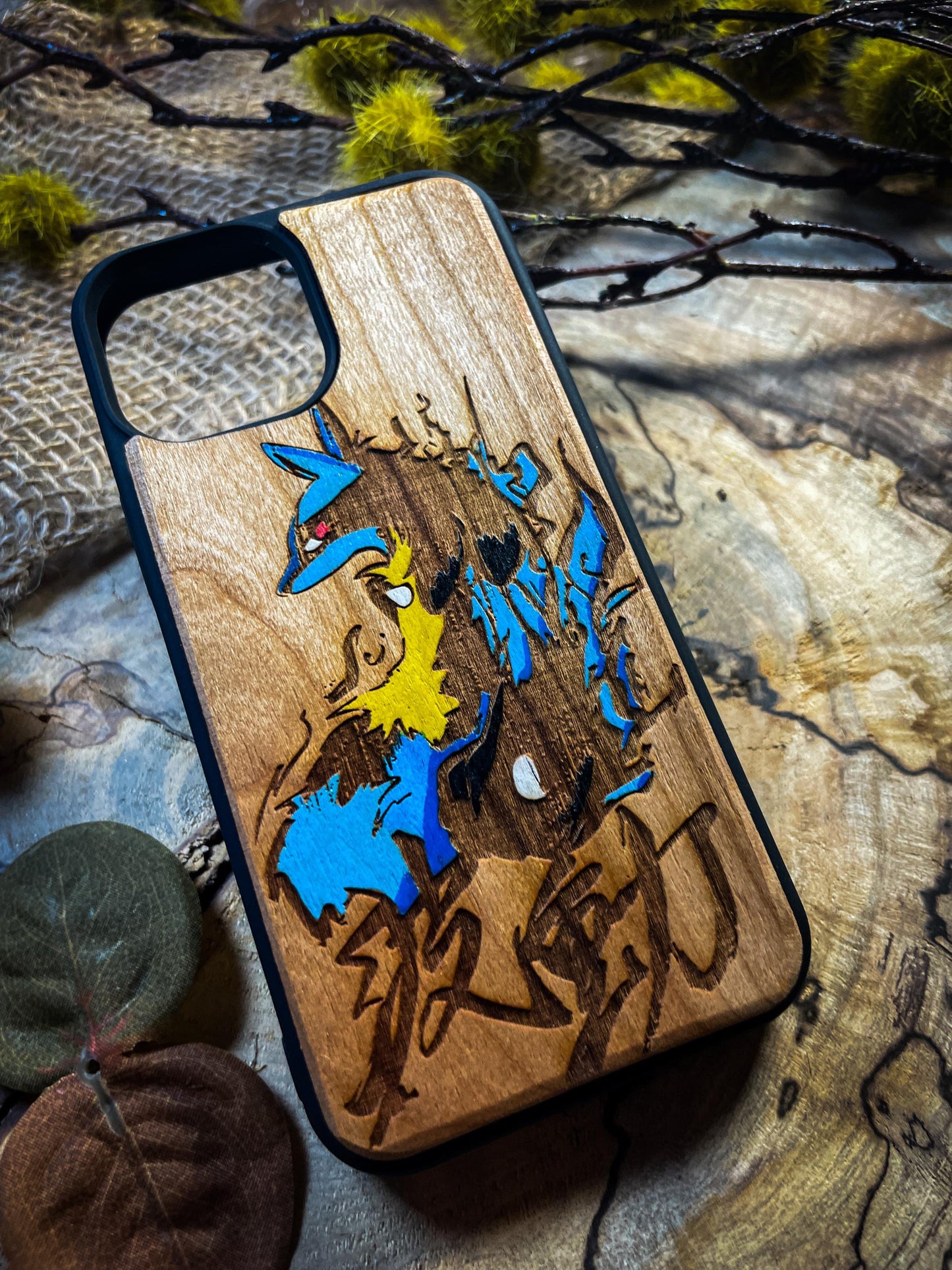 Japanese Art cute anime cartoon blue monster wolf Wood Phone Case - Unique Legendary -Inspired Design for iPhone 16, Google Pixel, and More SHOP APP