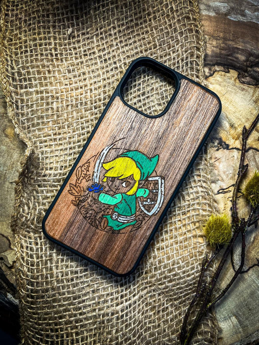 a wooden phone case with a picture of a link link link link link link link