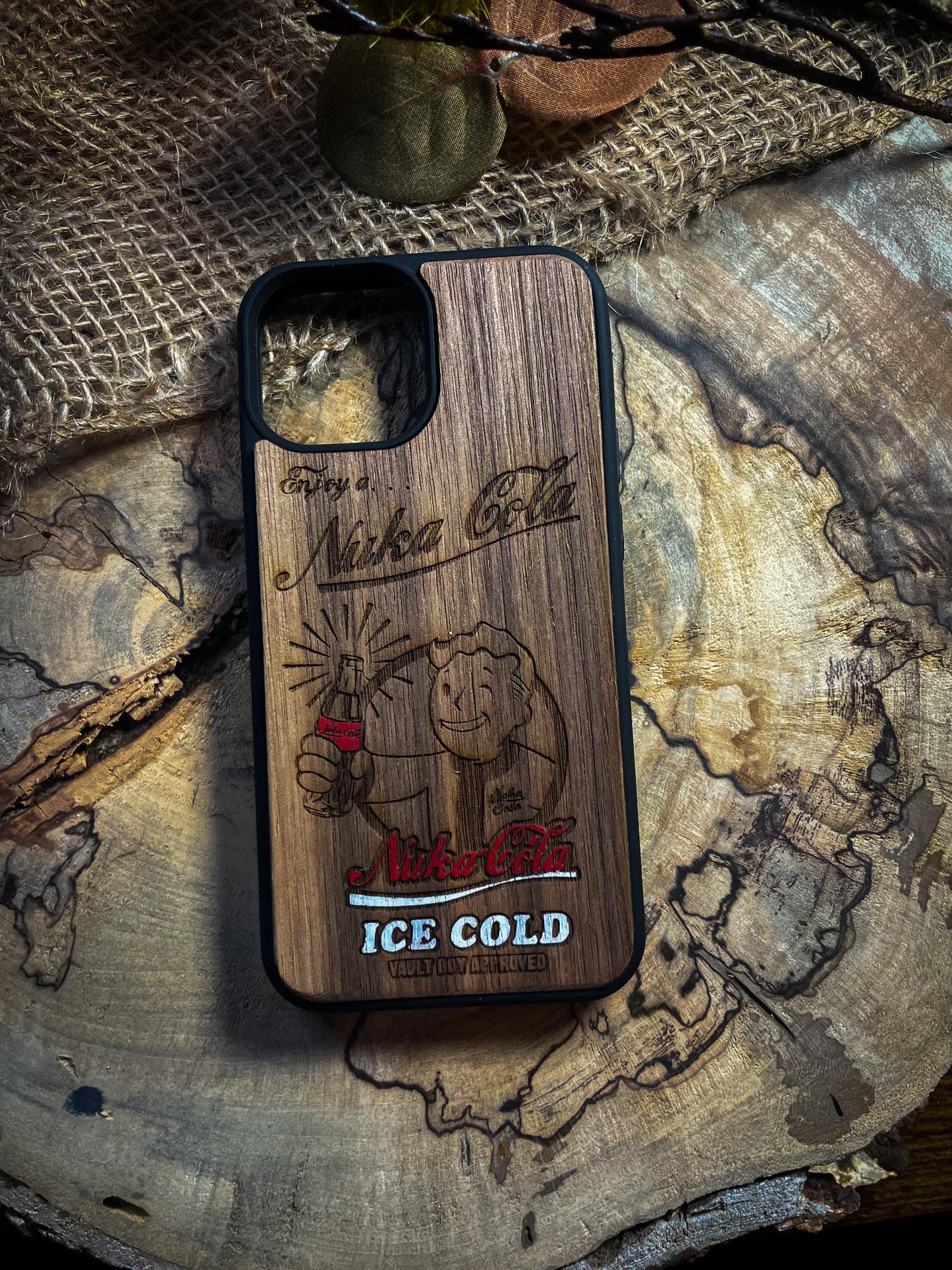 Nuke Cola Apocaliptic video game Fall wood phone case for iphones , samsung and google pixel SHOP APP