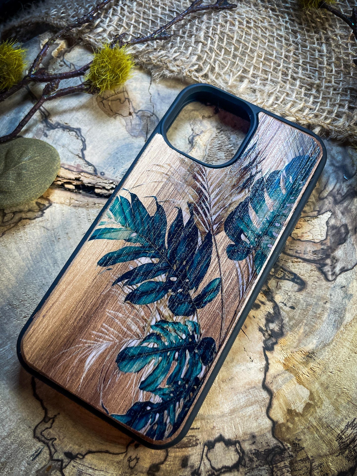 Tropical Jungle Leaves Wood Phone Case for iPhone, Samsung, and Google Pixel – Preppy & Fresh Aesthetic