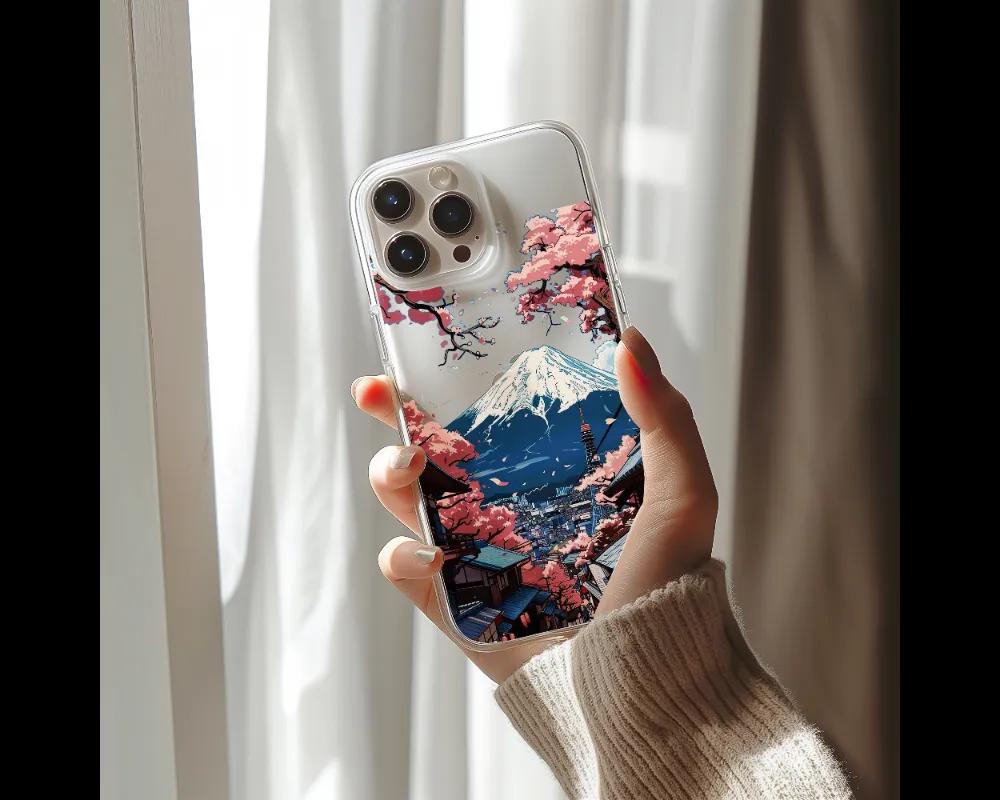 a woman holding a phone case with a painting on it