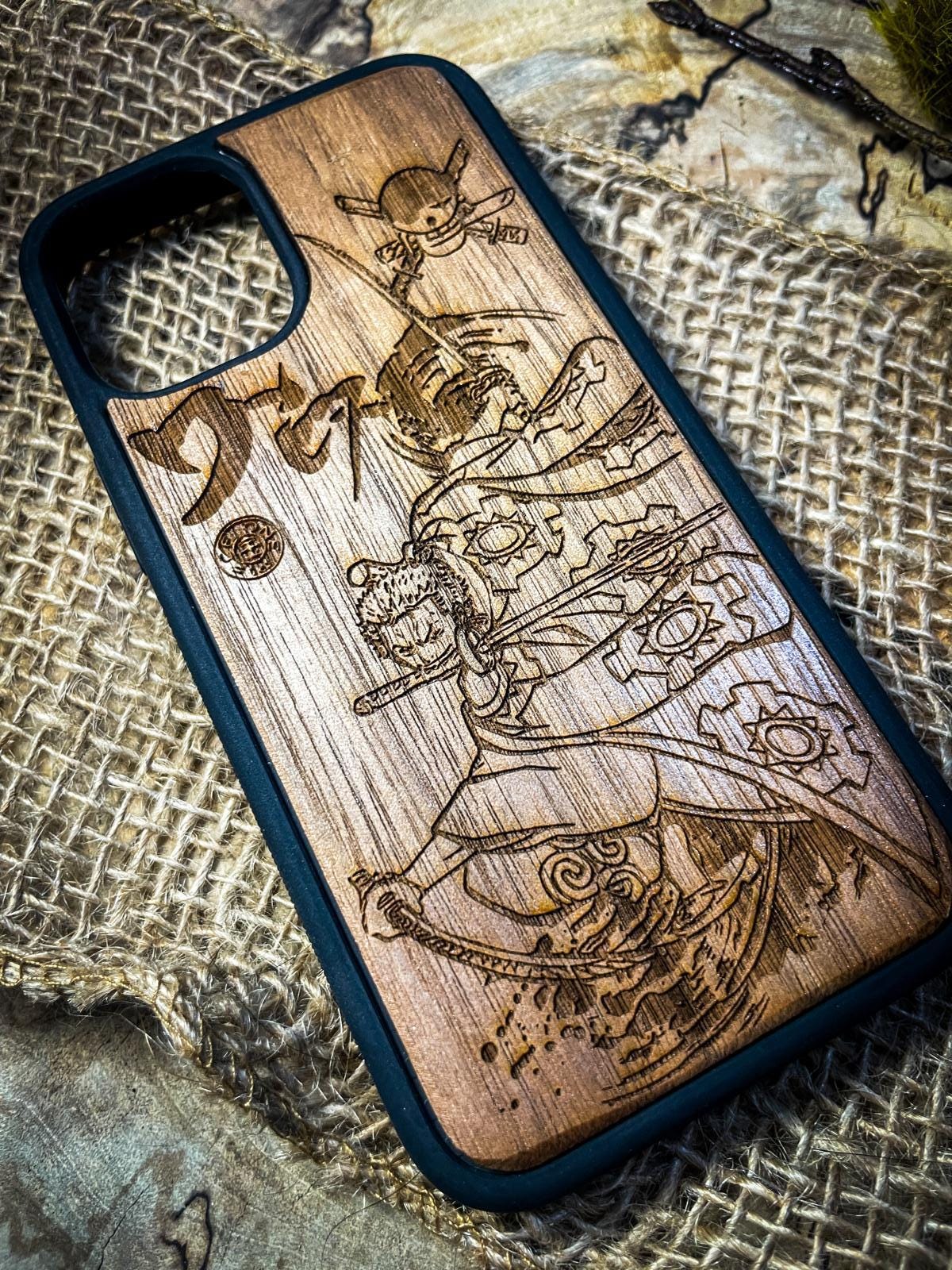 a wooden phone case with a picture of a man on it