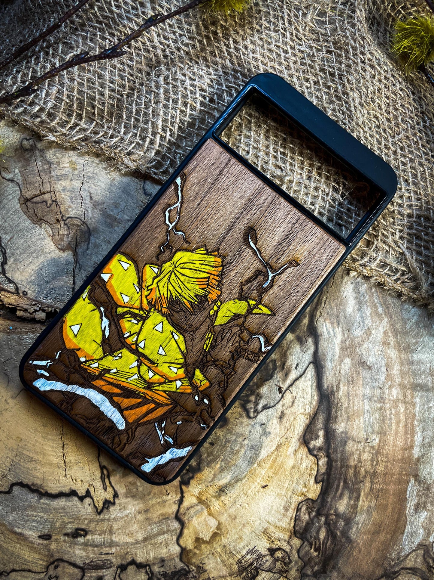 Thunder Samurai Demon Hunter Warrior Wood Phone Case for iPhone, Samsung, and Google Pixel – Inspired by Lightning-Fast Anime Heroes