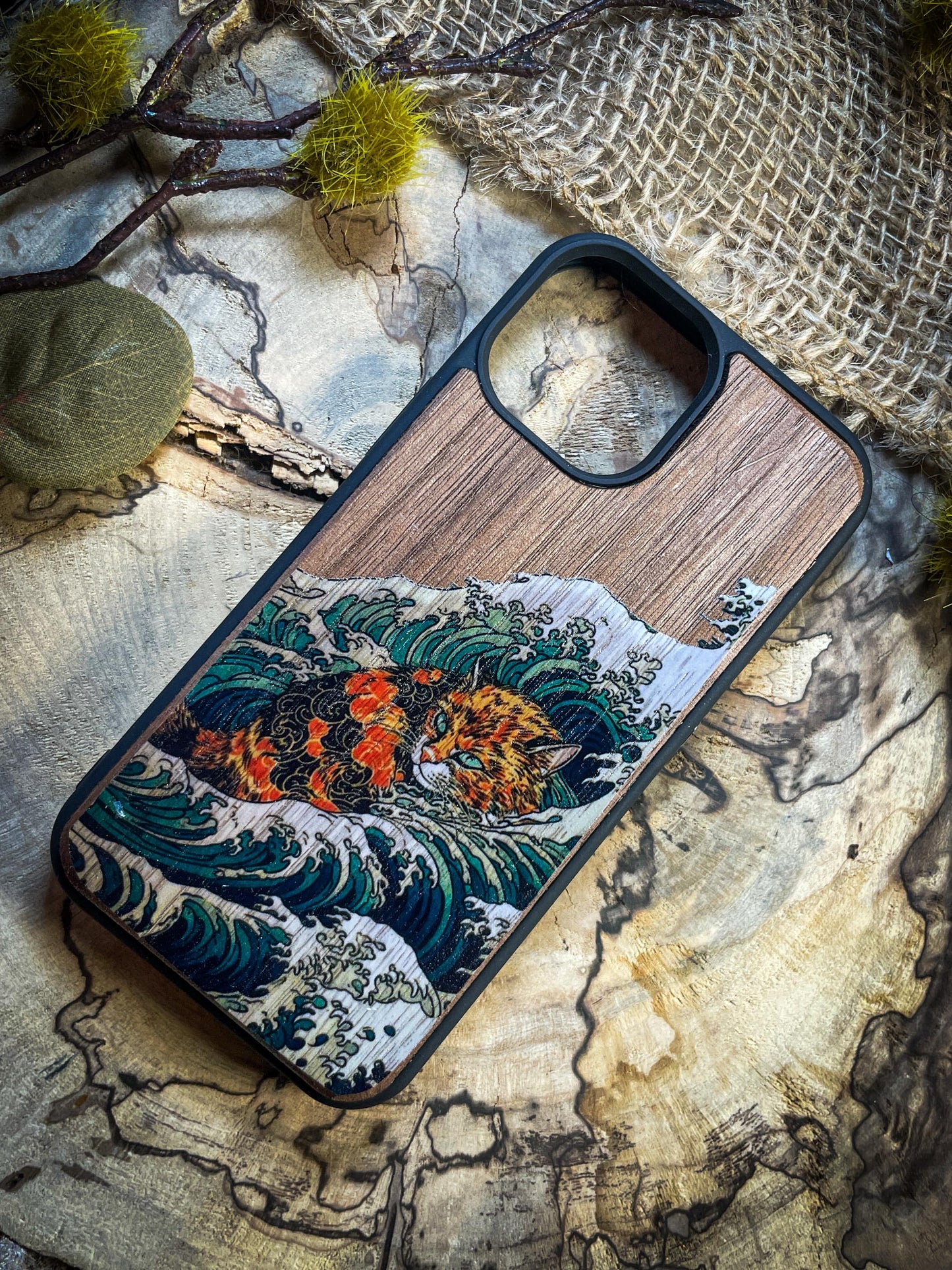 Kanagawa Orange Cat Wood Phone Case for iPhone, Samsung, and Google Pixel – Preppy & Unique Aesthetic