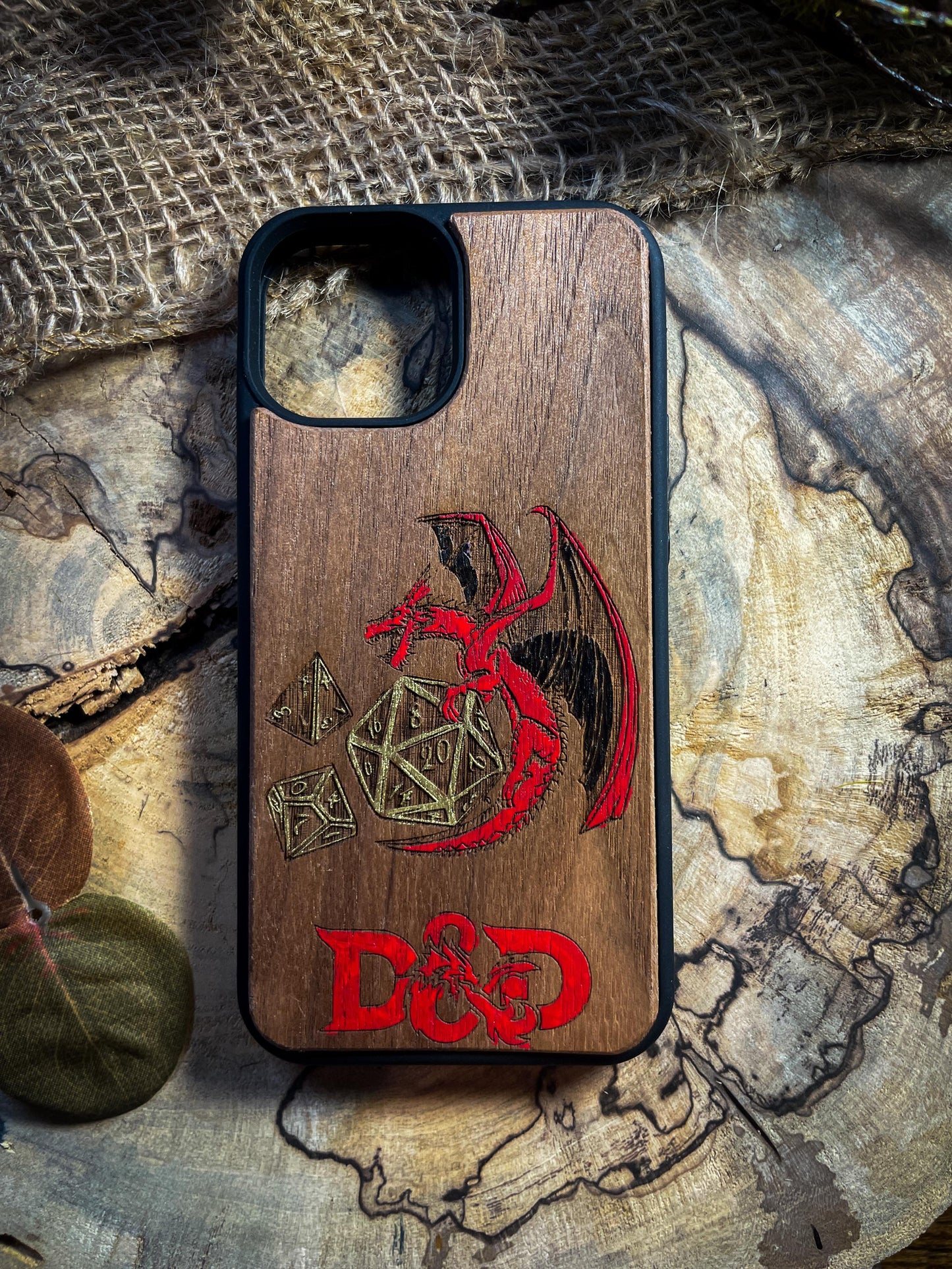 Fantasy Adventure Wood Phone Case with Red Dragon and Golden Dice for iPhone, Samsung, and Google Pixel Models SHOP APP