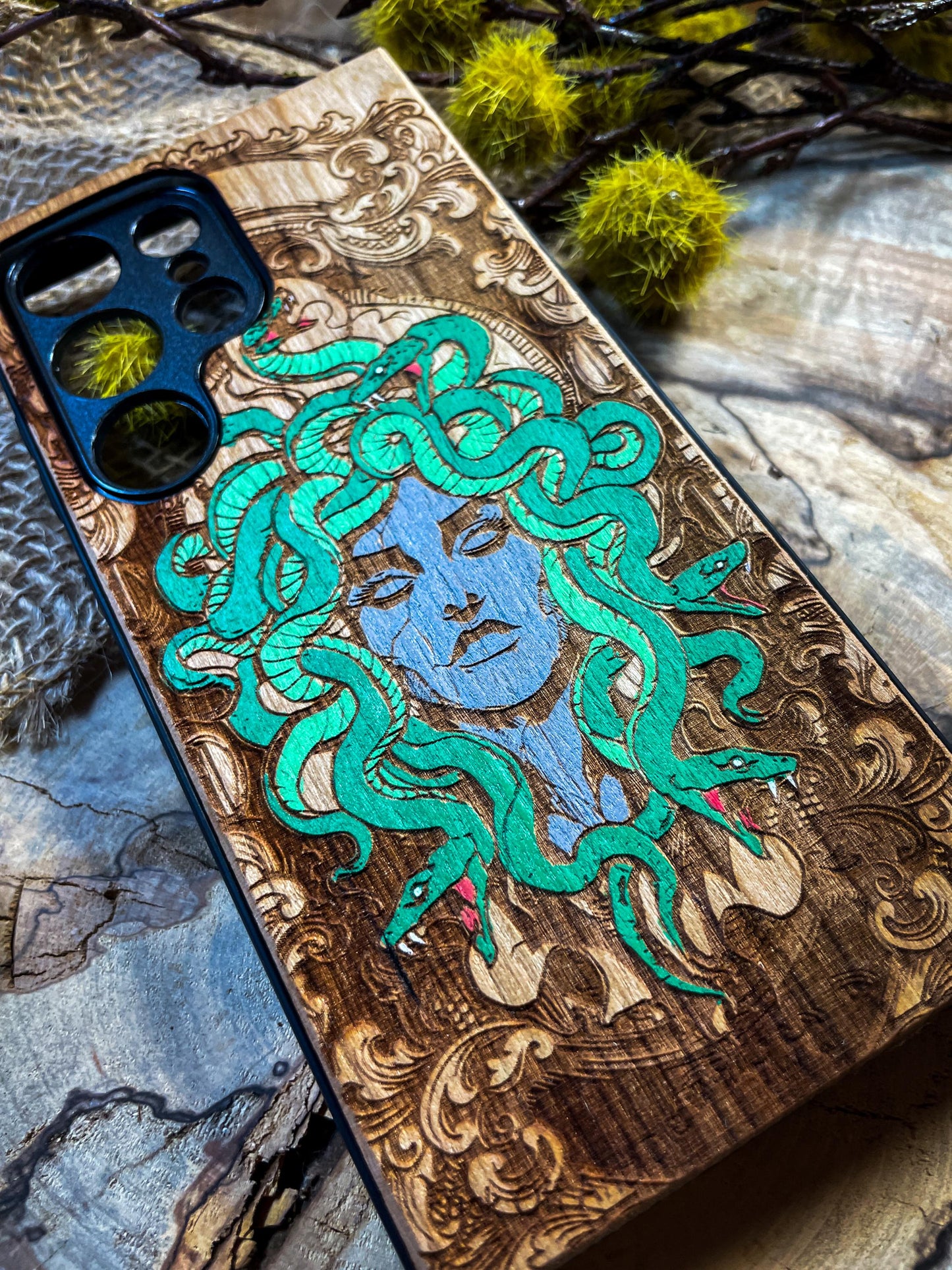 Hand-Painted Medusa Wood Phone Case for iPhone, Samsung, and Google Pixel – Mythical Elegance & Unique Craftsmanship SHOP APP